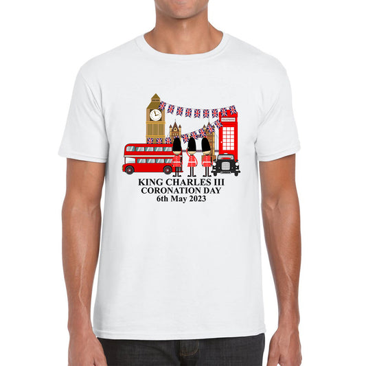 King Charles III Coronation Day 6th May 2023 Great Britain Big Ben Tower Telephone Booth And Red Bus London England Flag Mens Tee Top