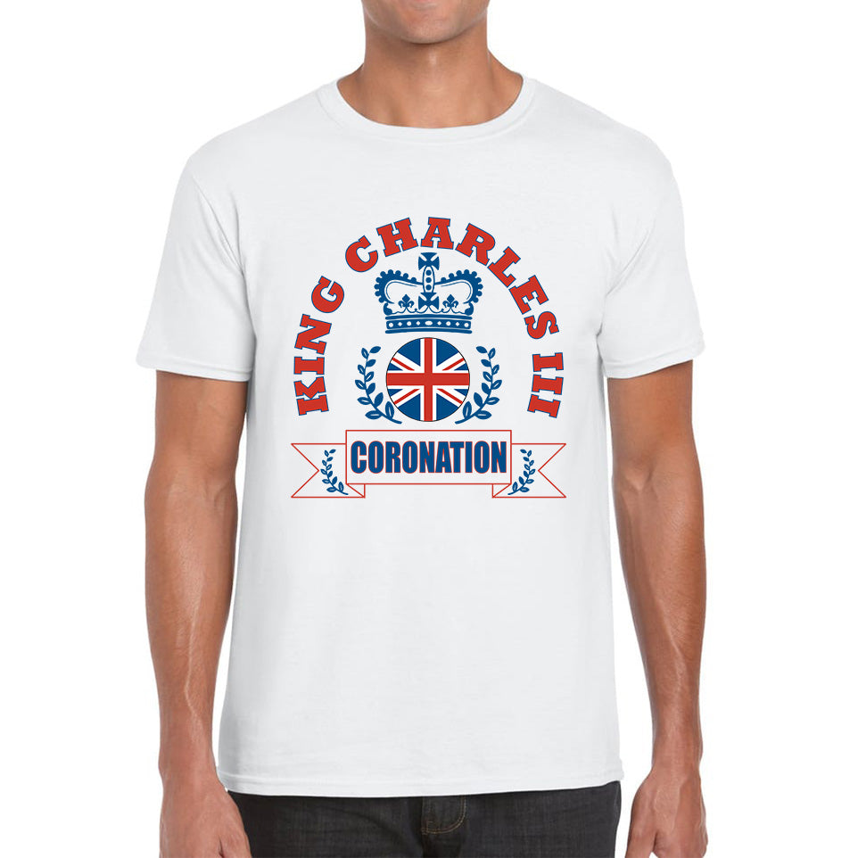 King Charles III 2023 Coronation God Save The King Royal Crown CR III His Majesty Union Jack Uk Flag Mens Tee Top
