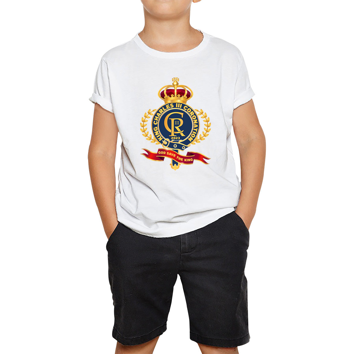 King Charles III Coronation 2023 CR III God Save The King Royal Crown United Kingdom Ruling Monarch Kids T Shirt