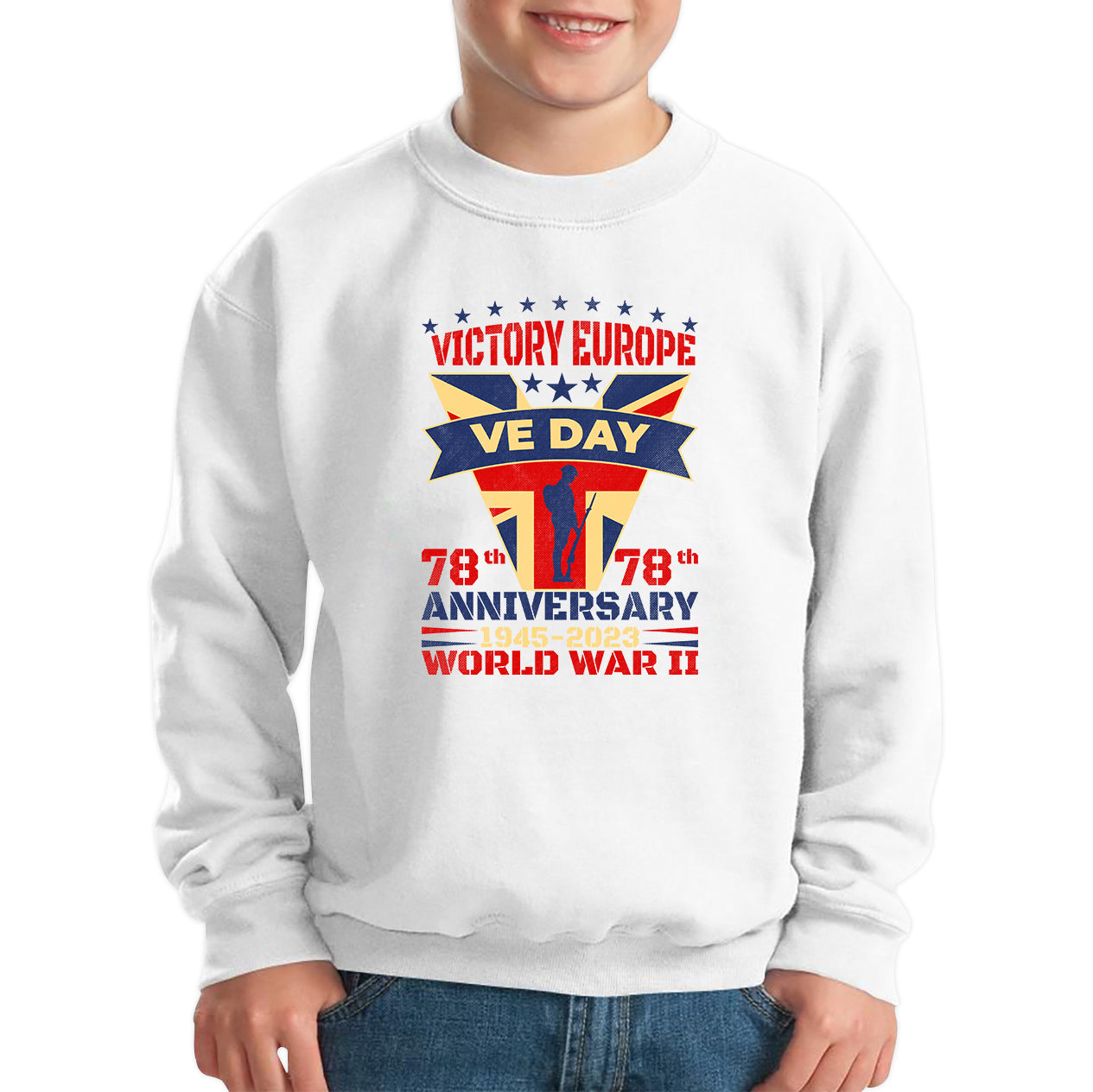 VE Day Victory In Europe Day Lest We Forget 1945-2023 World War II 78th Anniversary Remembrance Day British UK Veterans Kids Jumper