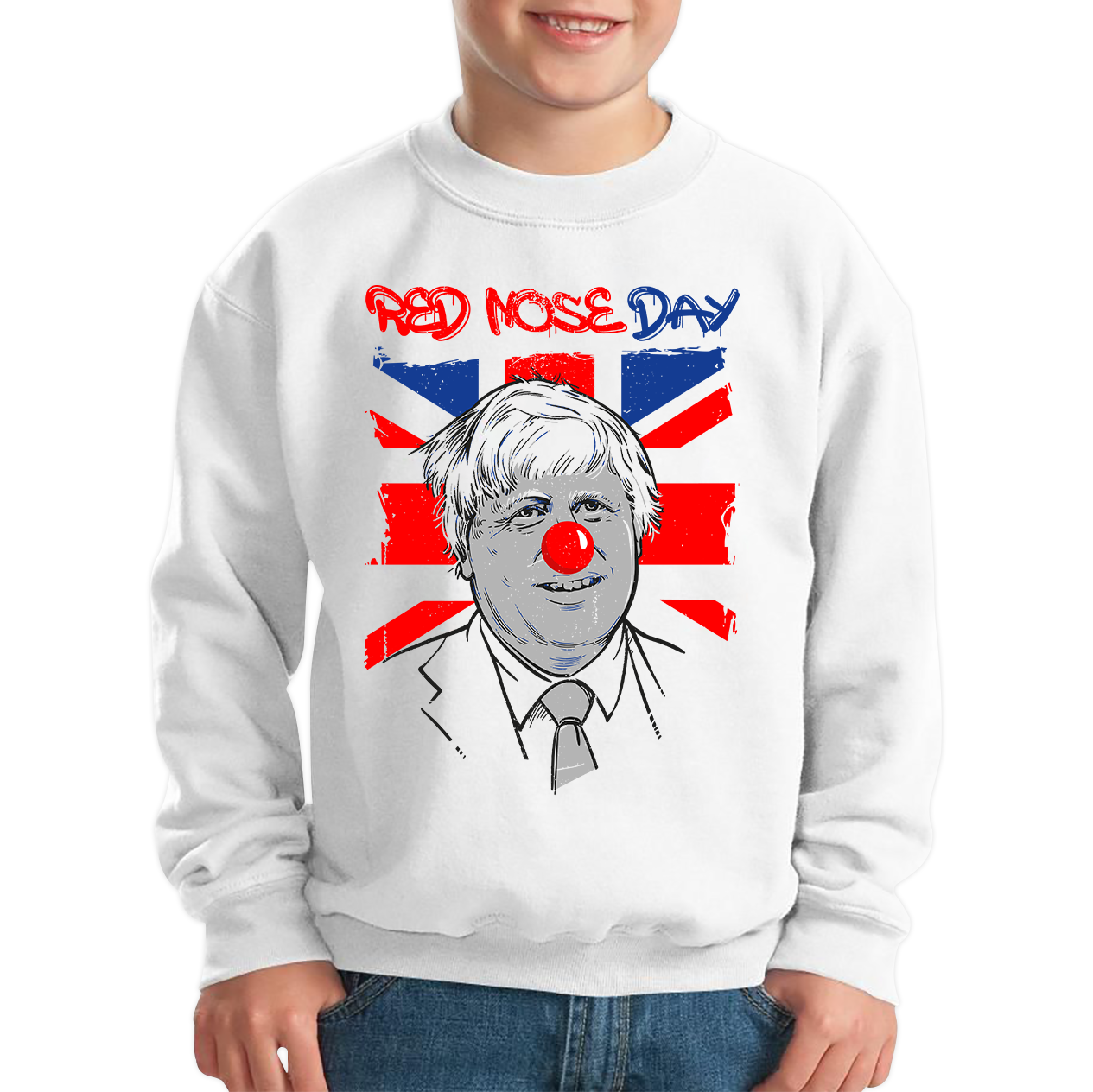 Red Nose Day PM Boris Johnson Kids Sweatshirt. 50% Goes To Charity