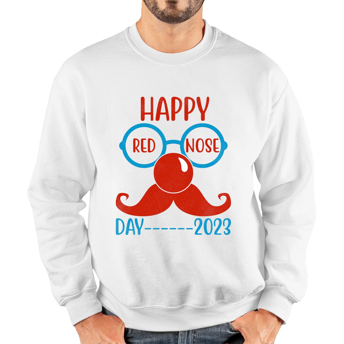Happy Red Nose Day 2023 Glasses Moustache Child Poverty Awareness Party Wear Unisex Sweatshirt