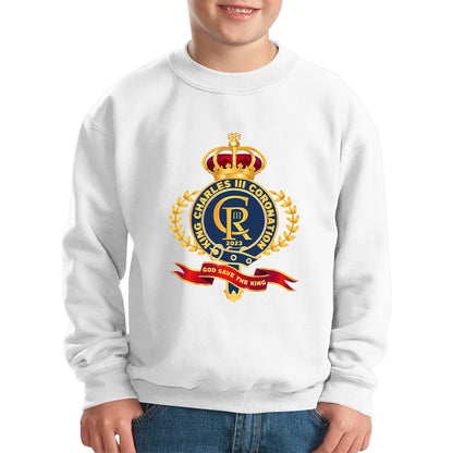 King Charles III Coronation 2023 CR III God Save The King Royal Crown United Kingdom Ruling Monarch Kids Jumper