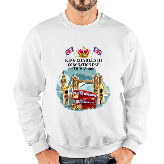King Charles III Coronation Day 6th May 2023 Great Britain Big Ben Telephone Booth And Red Bus In London England Unisex Sweatshirt
