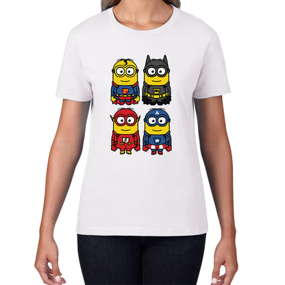 The 4 Minions Heros Super Minions Captain America Batman Superman Riddler The Flash Dc Minions Parody Pop Art Womens Tee Top