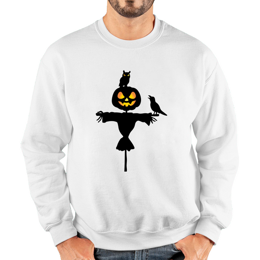 Scarecrow With Owl And Raven Halloween Pumpkin Head Horror Scary Unisex Sweatshirt