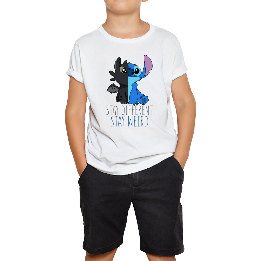 Disney Stitch and Toothless Stay different Stay Weird Kids T Shirt