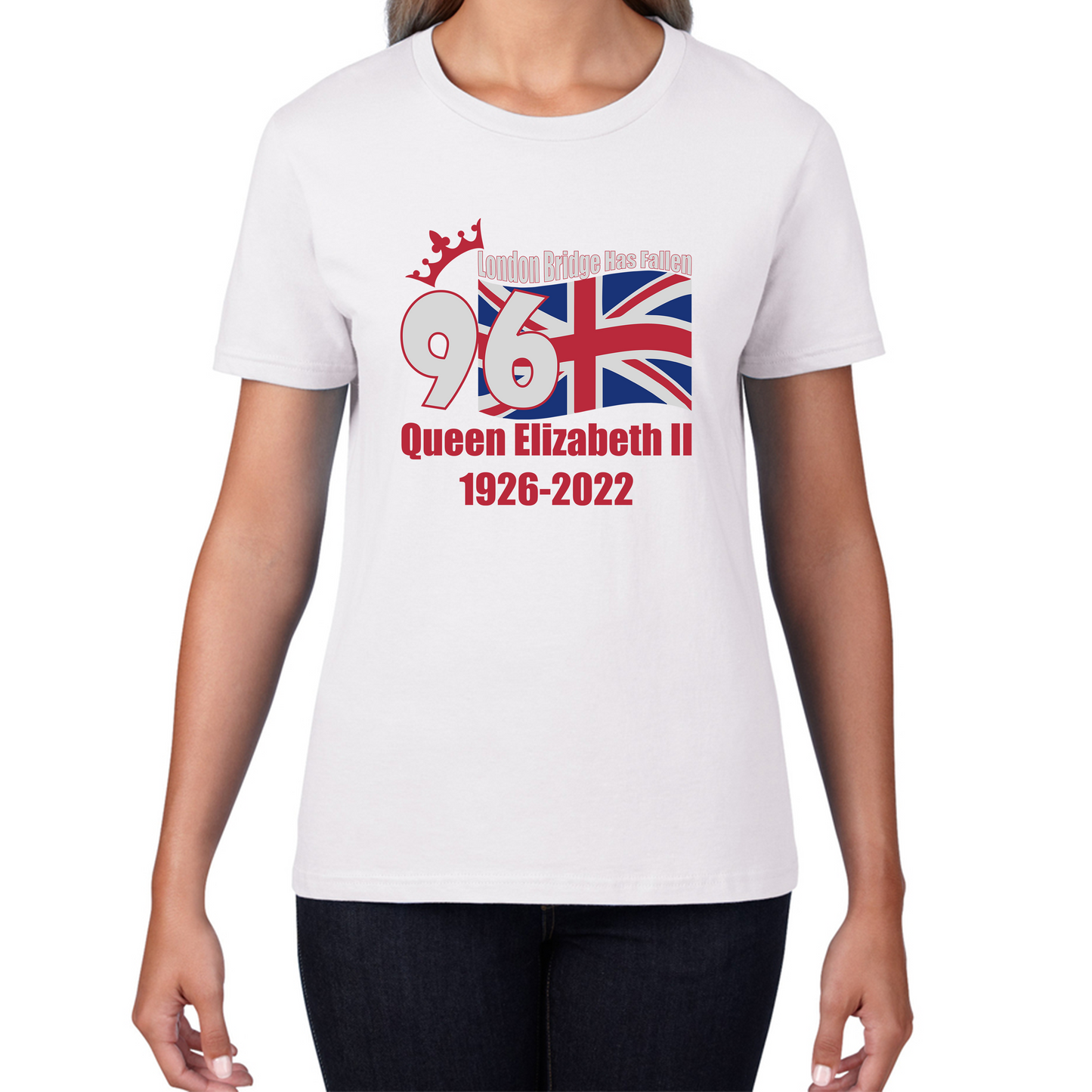London Bridge Has Fallen 96 Years of Queen Elizabeth II Union Jack British Uk Flag Womens Tee Top