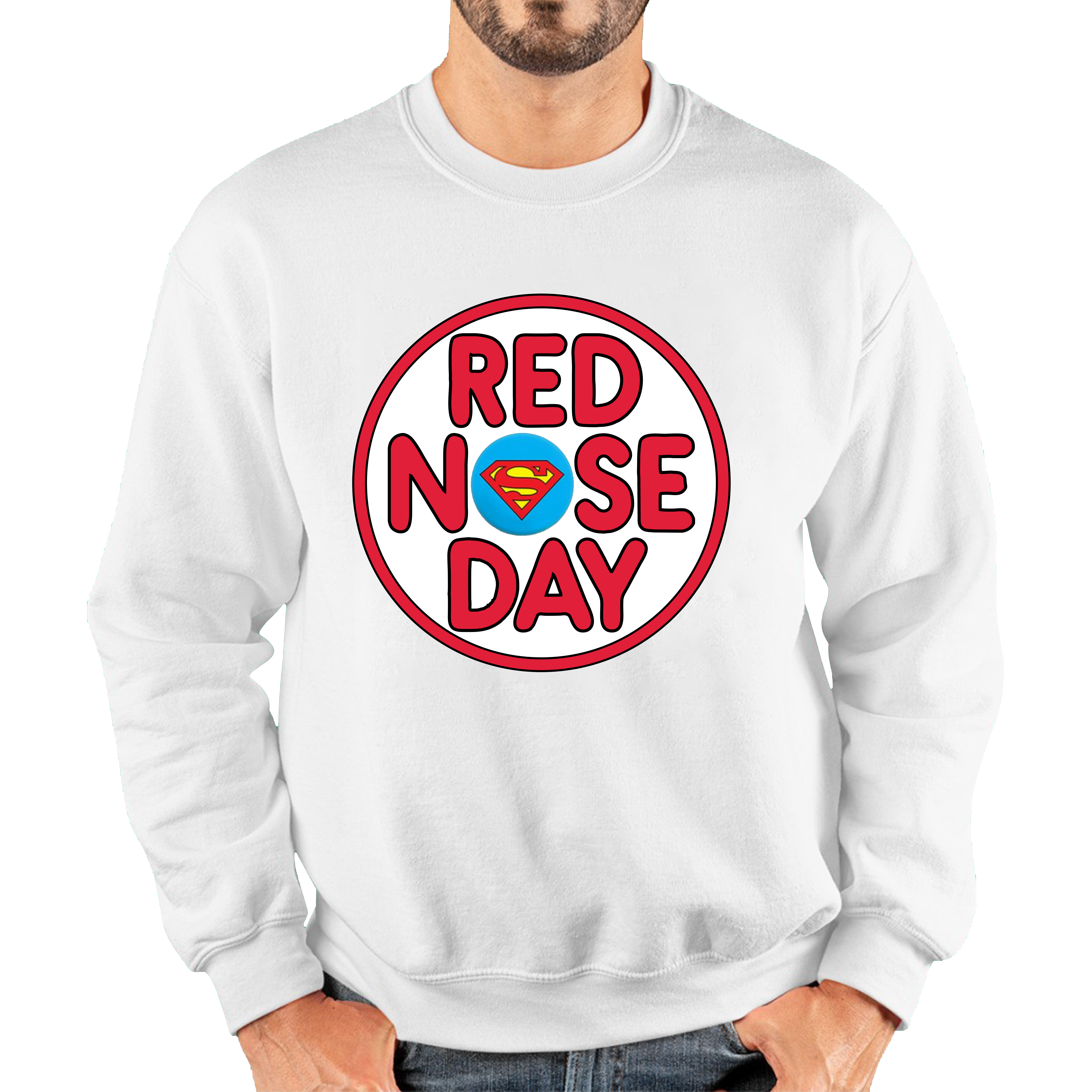 Superman Red Nose Day Adult Sweatshirt. 50% Goes To Charity
