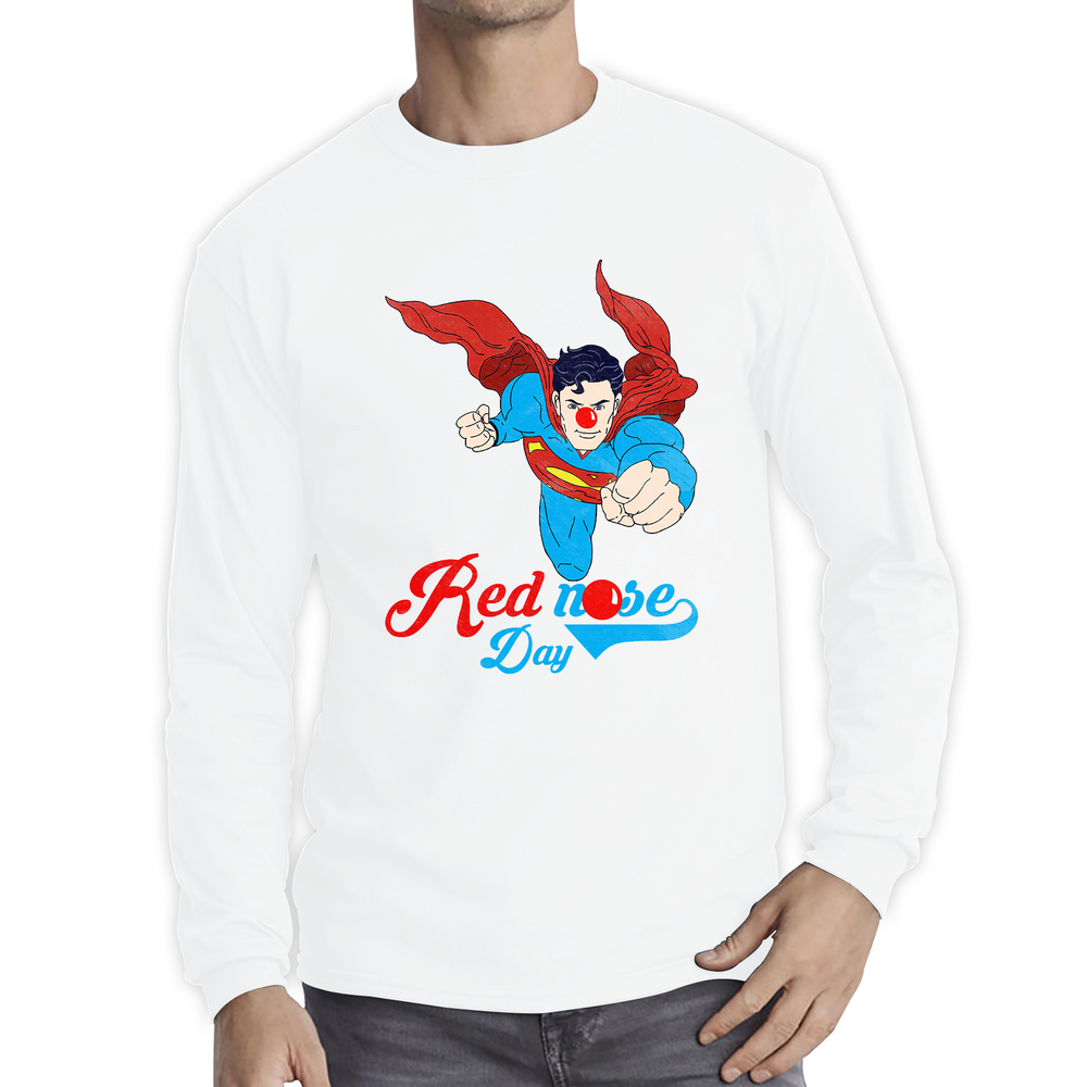 Flying Superman Red Nose Day Comic Superhero Adult Long Sleeve T Shirt. 50% Goes To Charity