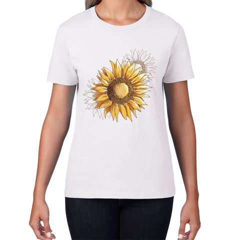 Sunflower Sketch Blooming Flowers Garden Floral Art Gardening Ladies T Shirt