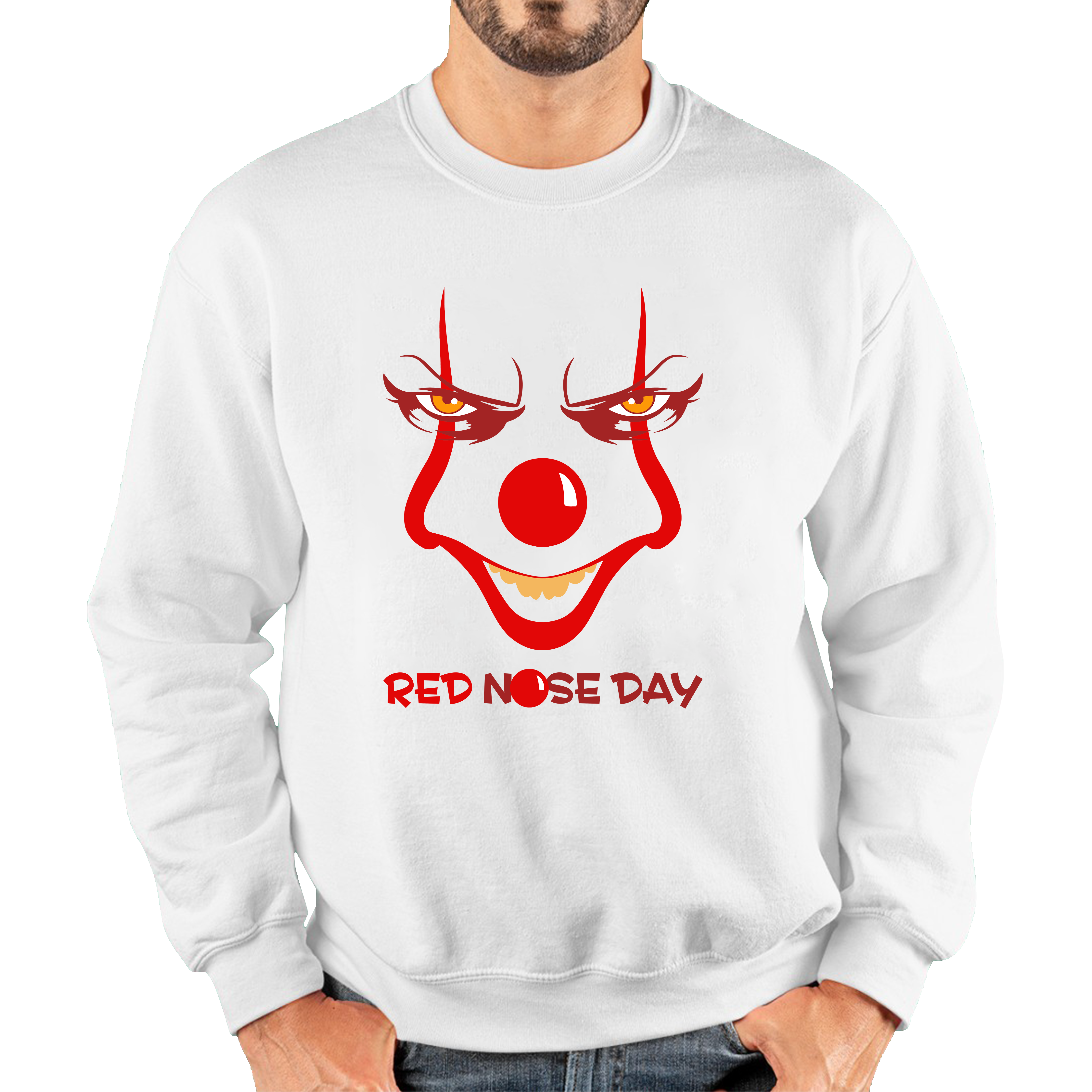Pennywise Clown Face Red Nose Day Funny Comic Relief Adult Sweatshirt. 50% Goes To Charity