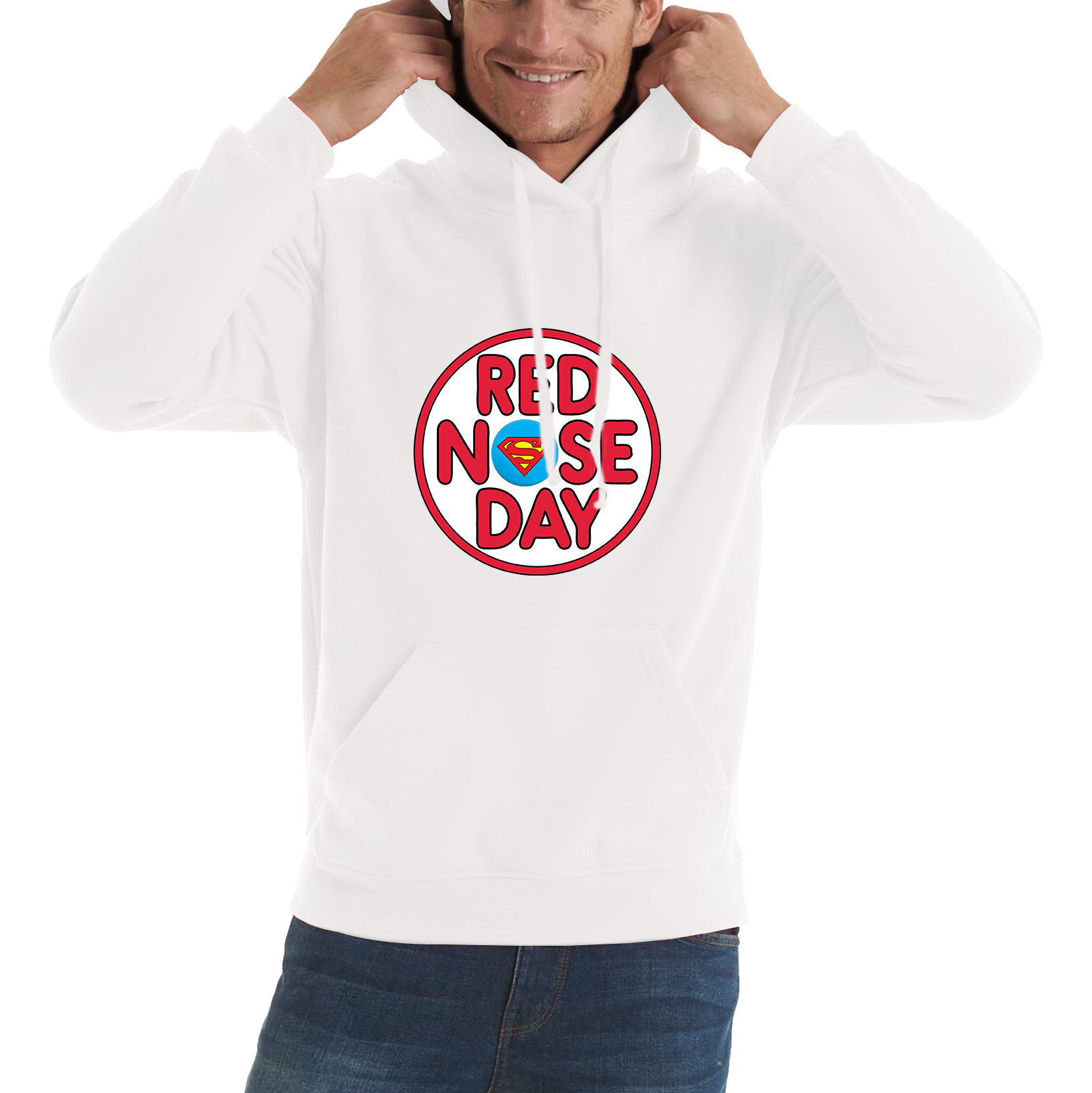 Superman Red Nose Day Adult Hoodie. 50% Goes To Charity