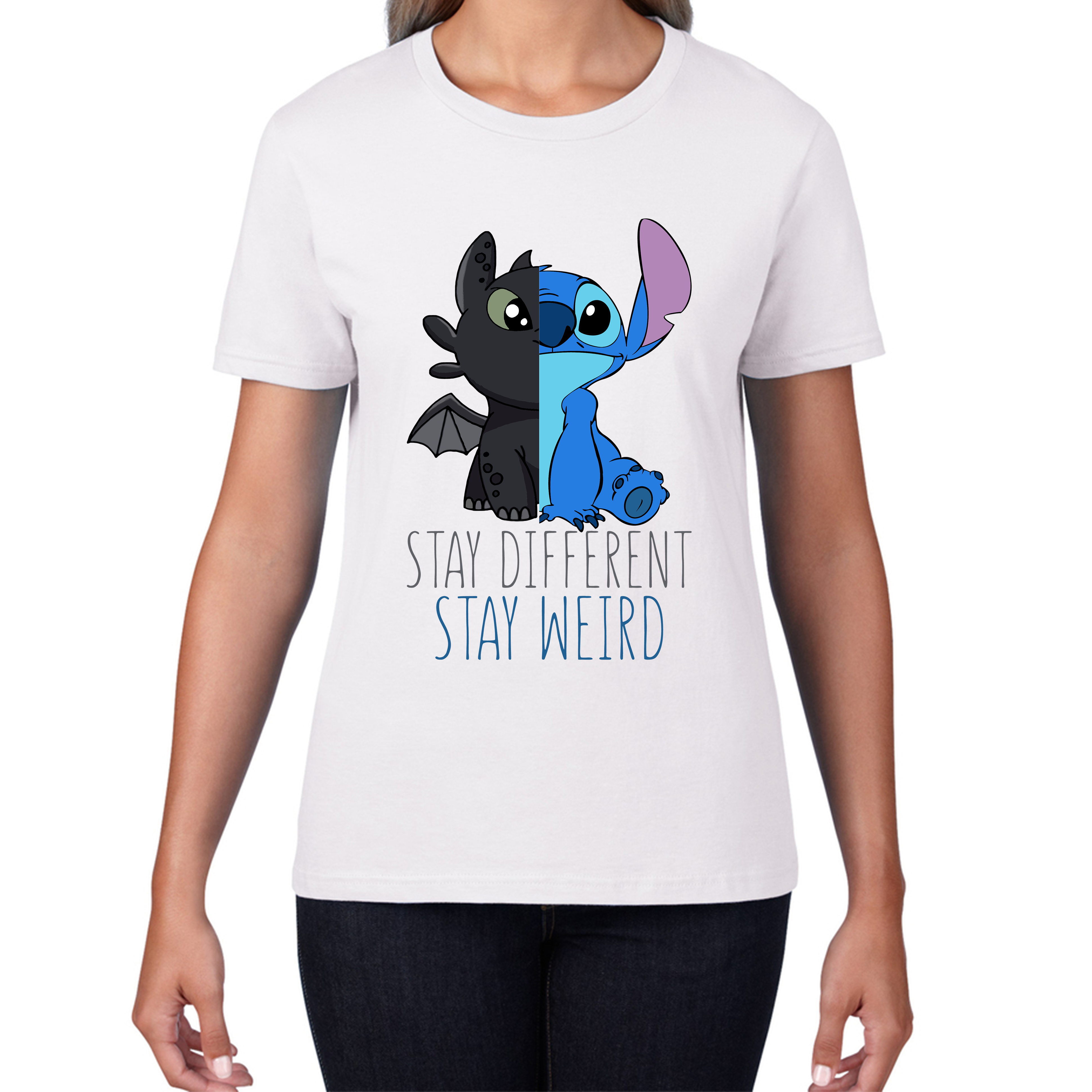 Disney Stitch and Toothless Stay different Stay Weird Ladies T Shirt