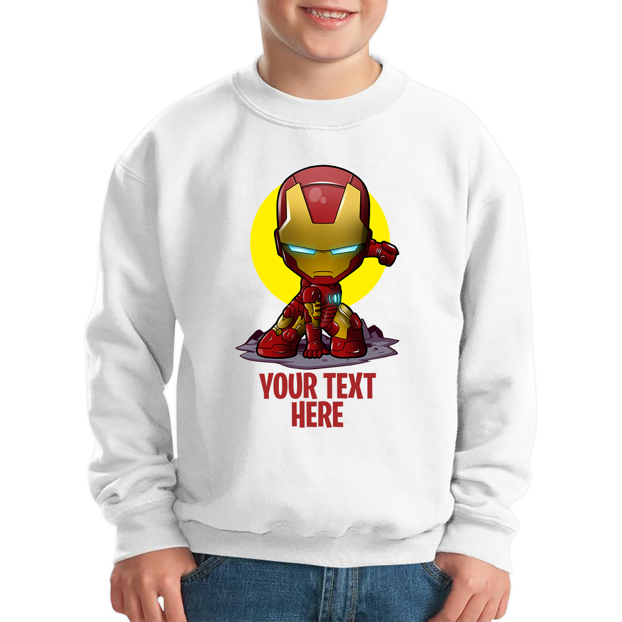 Personalised Your Text Iron Man Sweatshirt DC Comic Superhero Birthday Gift Kids Jumper