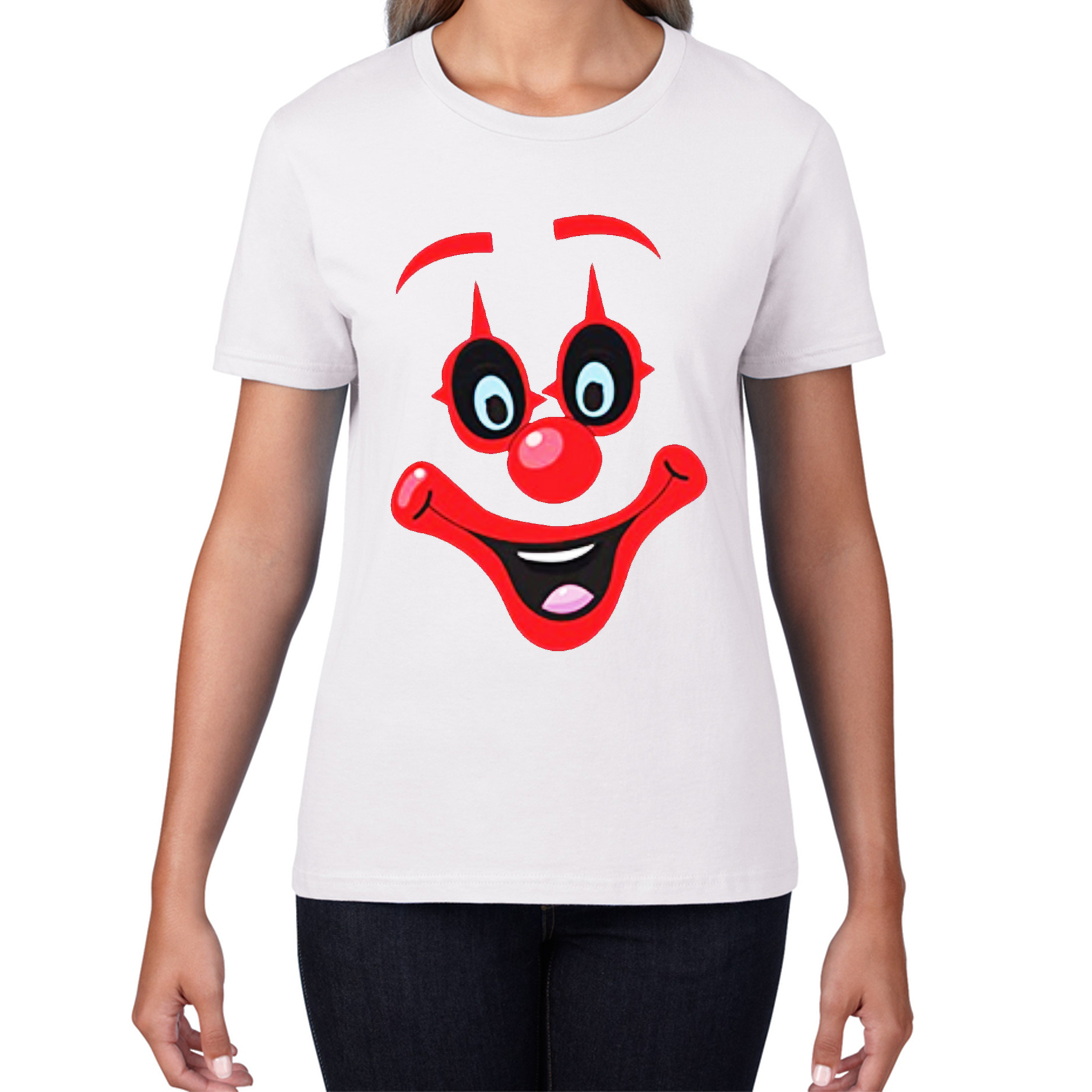 Funny Clown Face Red Nose Day Ladies T Shirt. 50% Goes To Charity