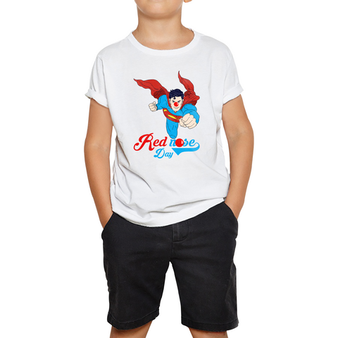 Flying Superman Red Nose Day Comic Superhero Kids T Shirt. 50% Goes To Charity