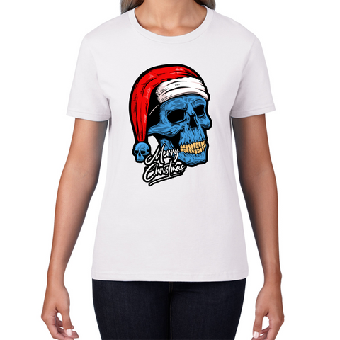 Santa Skull Merry Christmas Skeleton Skull Scary Santa Claus Xmas Holiday Womens Tee Top