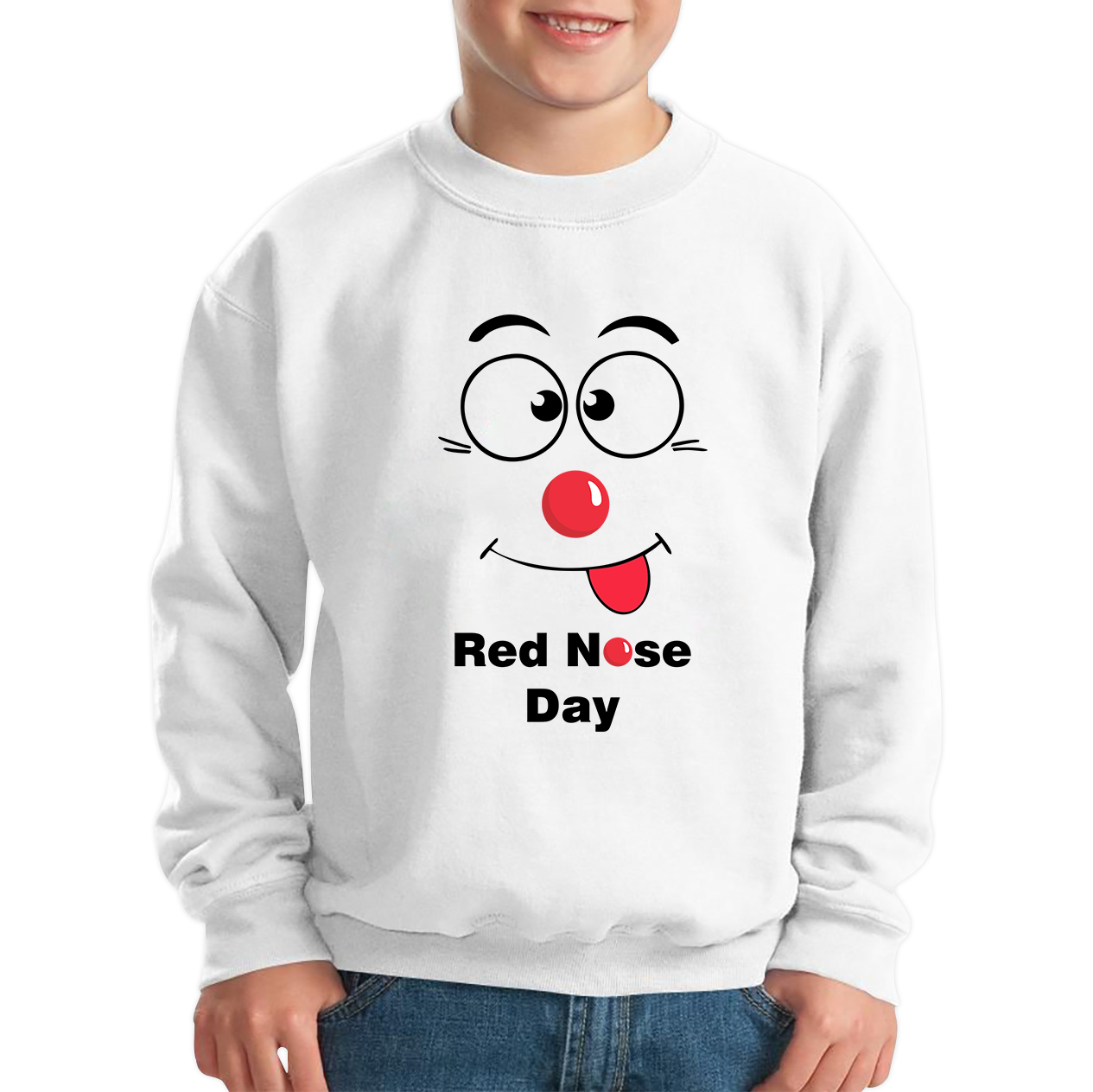 Funny Emoji Face Red Nose Day Kids Sweatshirt. 50% Goes To Charity