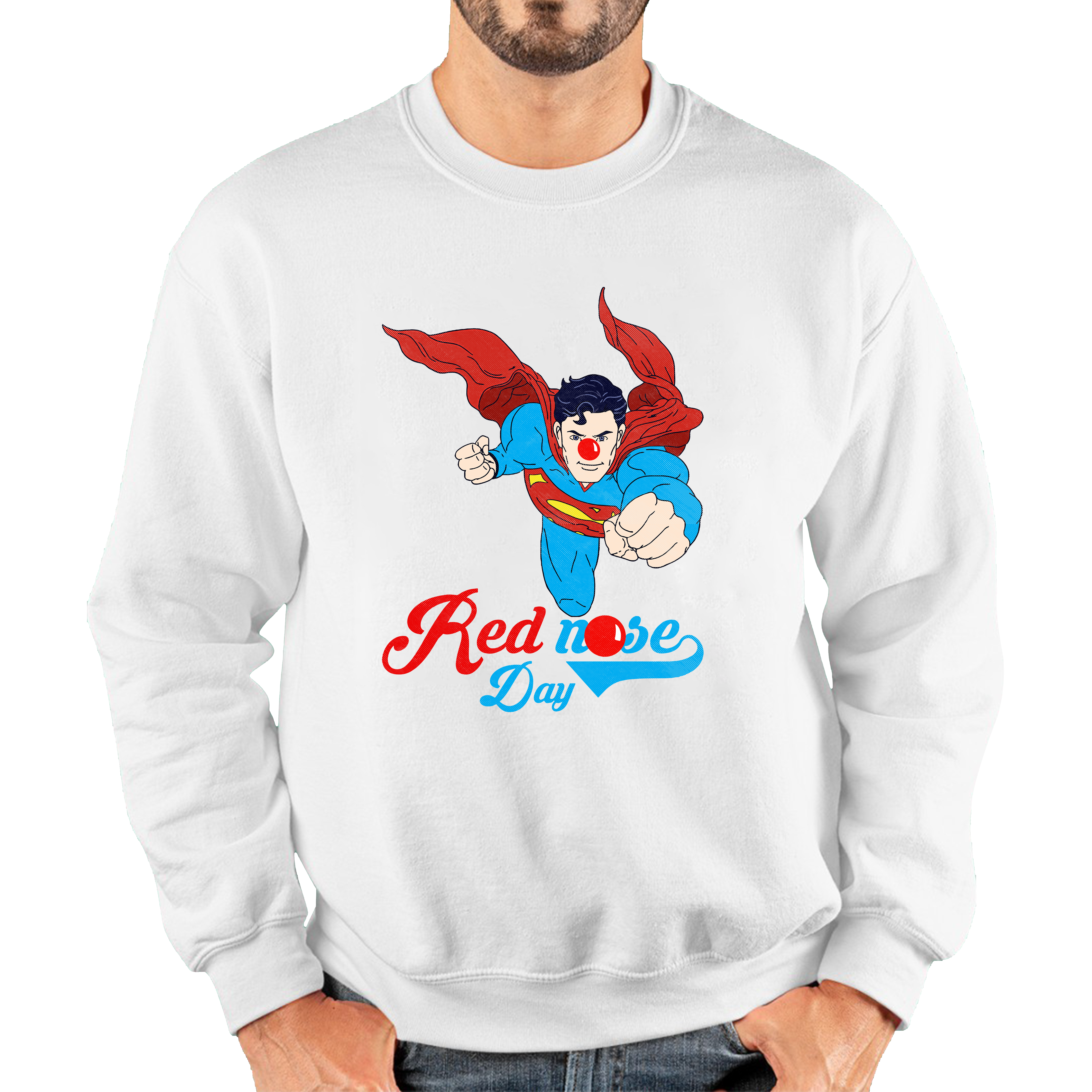 Flying Superman Red Nose Day Comic Superhero Adult Sweatshirt. 50% Goes To Charity