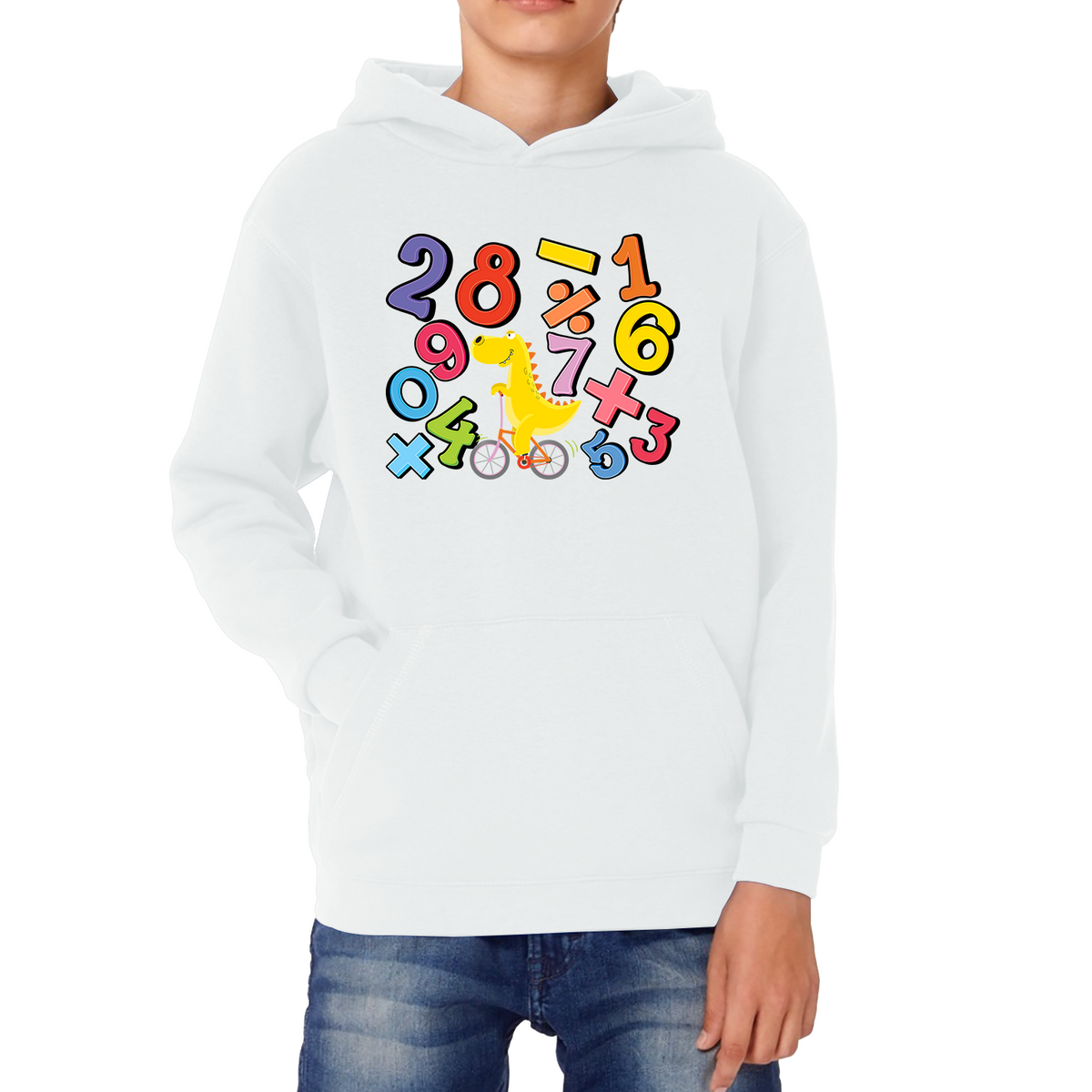 Number Day T-Rex Cycling Maths Day Dinosaur Bike Riding Counting Kids Hoodie