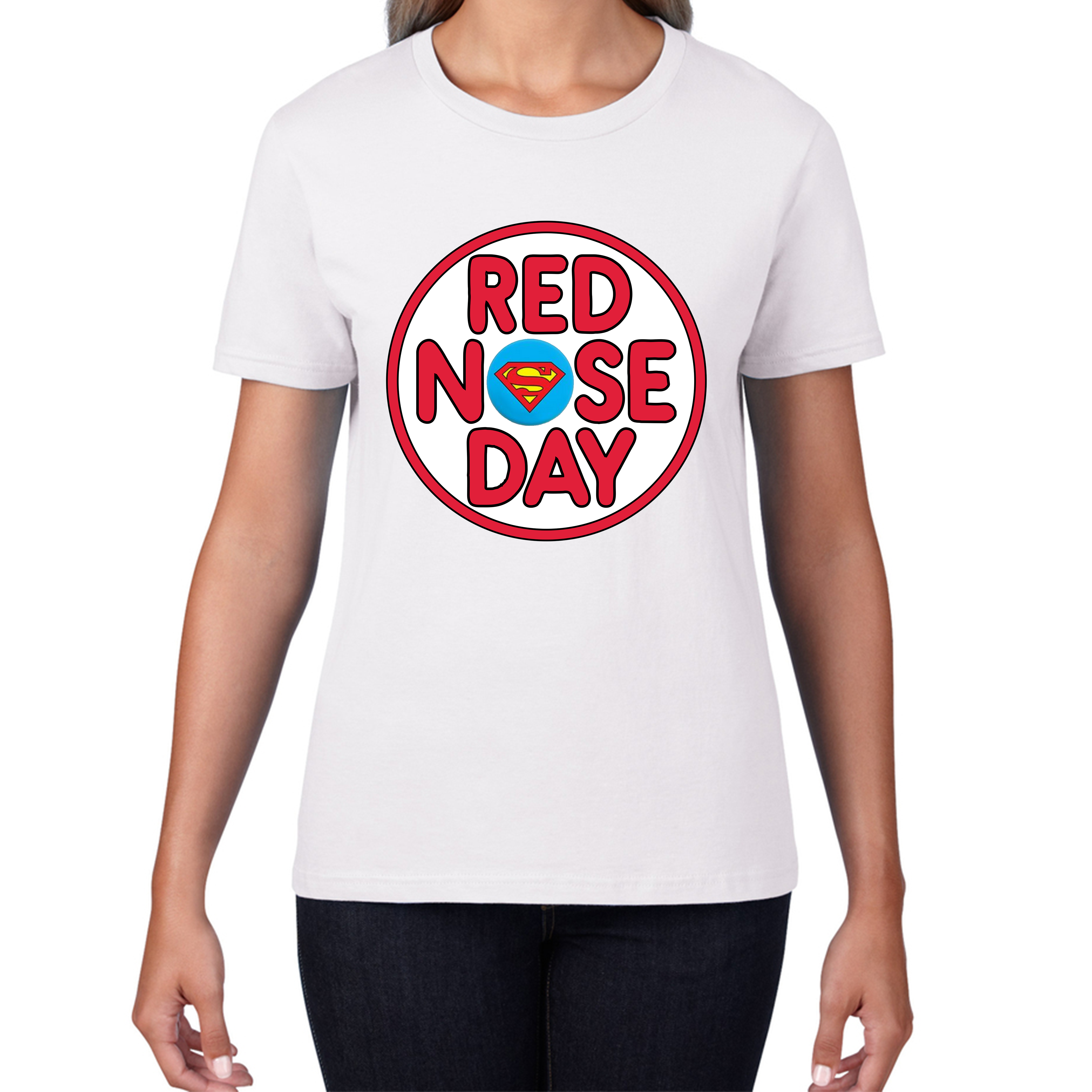 Superman Red Nose Day Ladies T Shirt. 50% Goes To Charity