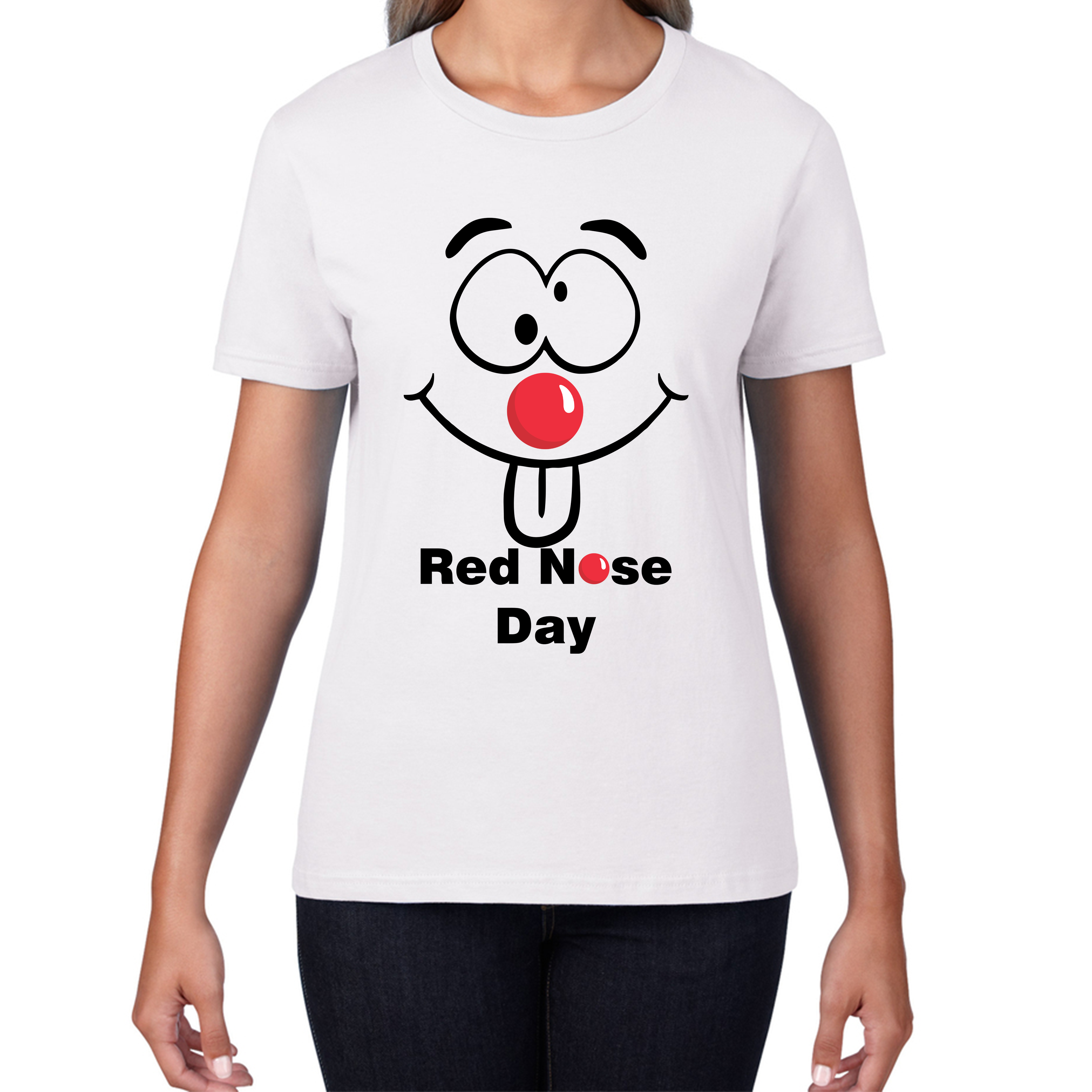 Funny Emoji Face Red Nose Day Ladies T Shirt. 50% Goes To Charity