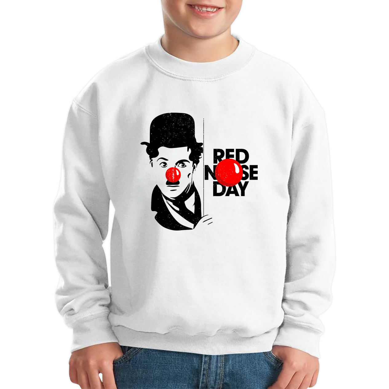 Charlie Chaplin Funny Red Nose Day Kids Sweatshirt. 50% Goes To Charity