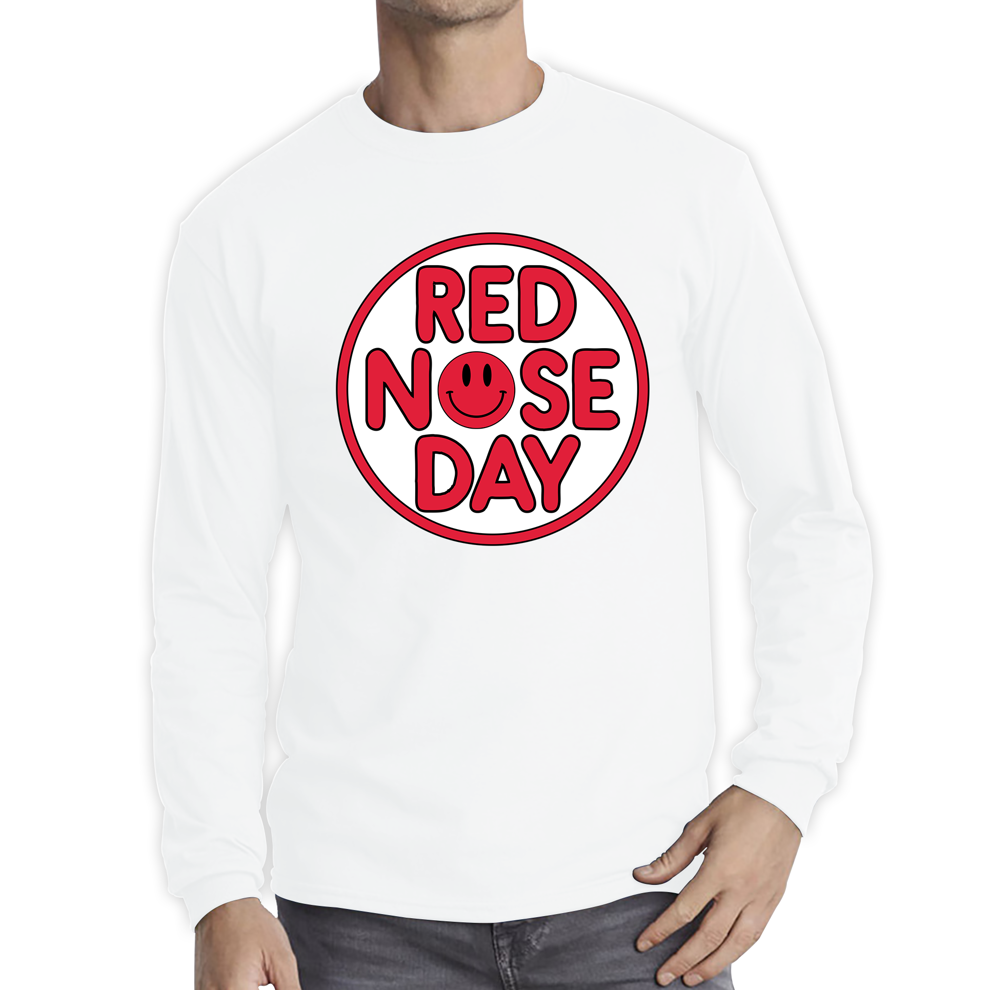 Smiley Face Red Nose Day Adult Long Sleeve T Shirt. 50% Goes To Charity