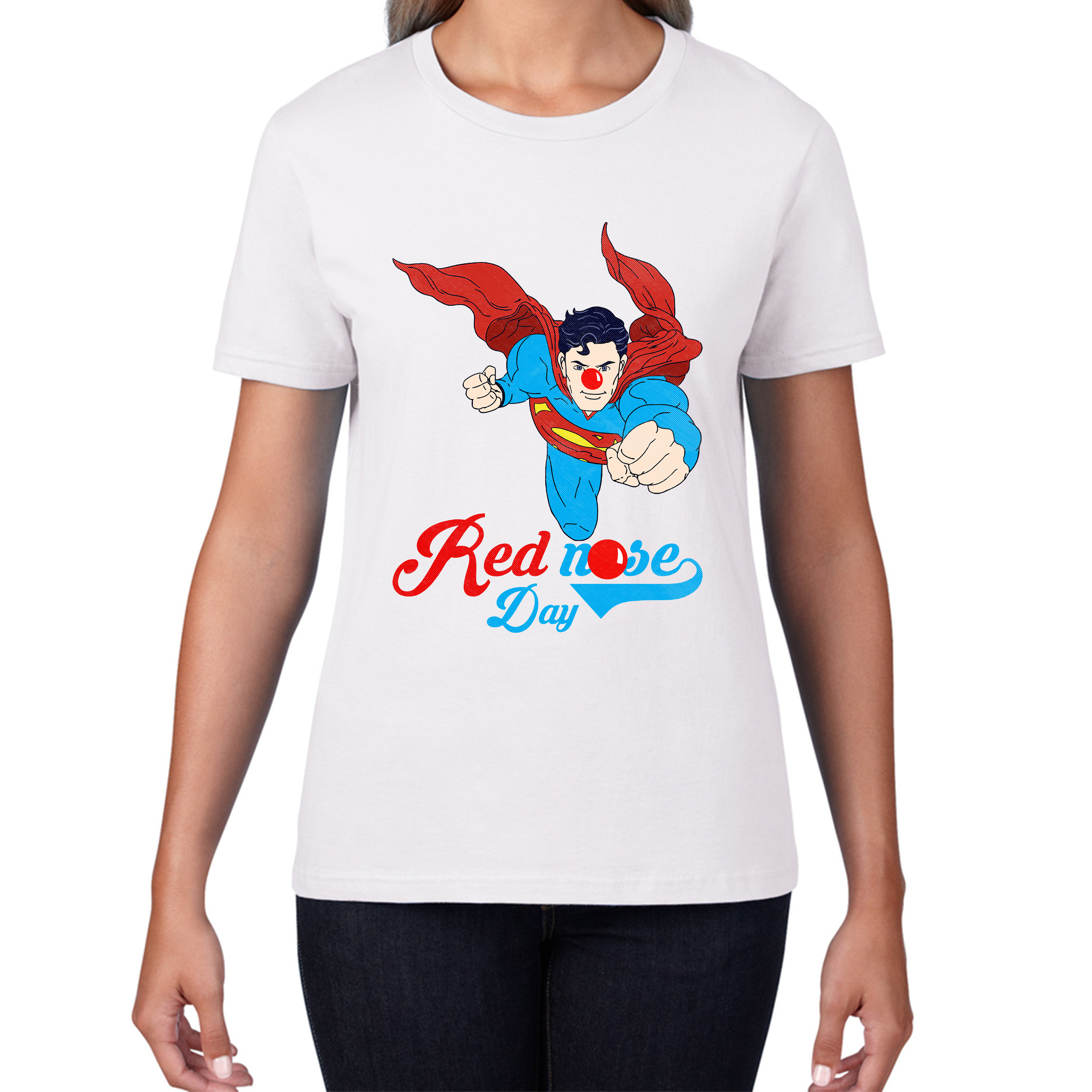 Flying Superman Red Nose Day Comic Superhero Ladies T Shirt. 50% Goes To Charity