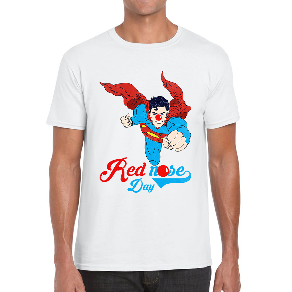 Flying Superman Red Nose Day Comic Superhero Adult T Shirt. 50% Goes To Charity