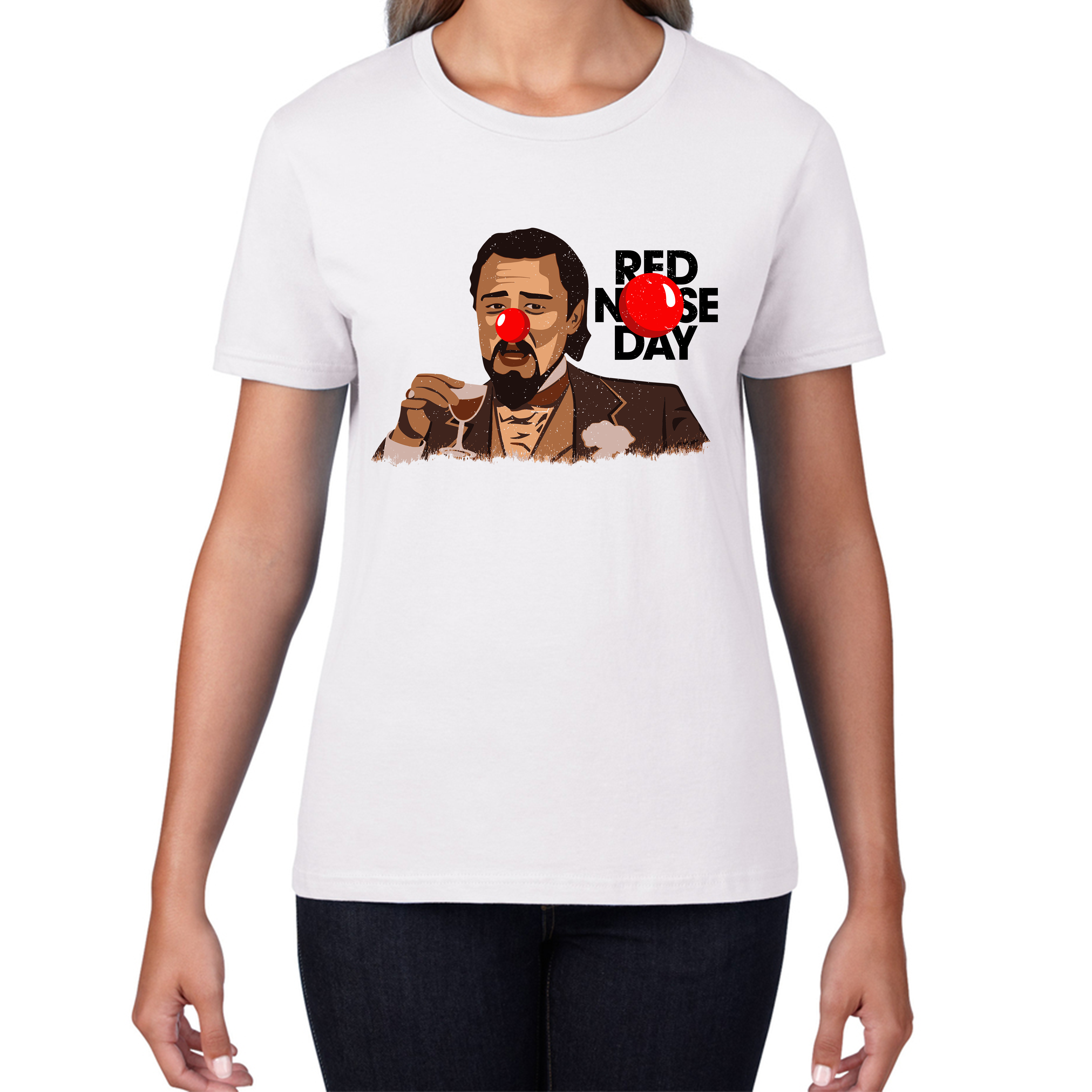 Leonardo Dicaprio Laughing Meme Red Nose Day Ladies T Shirt. 50% Goes To Charity