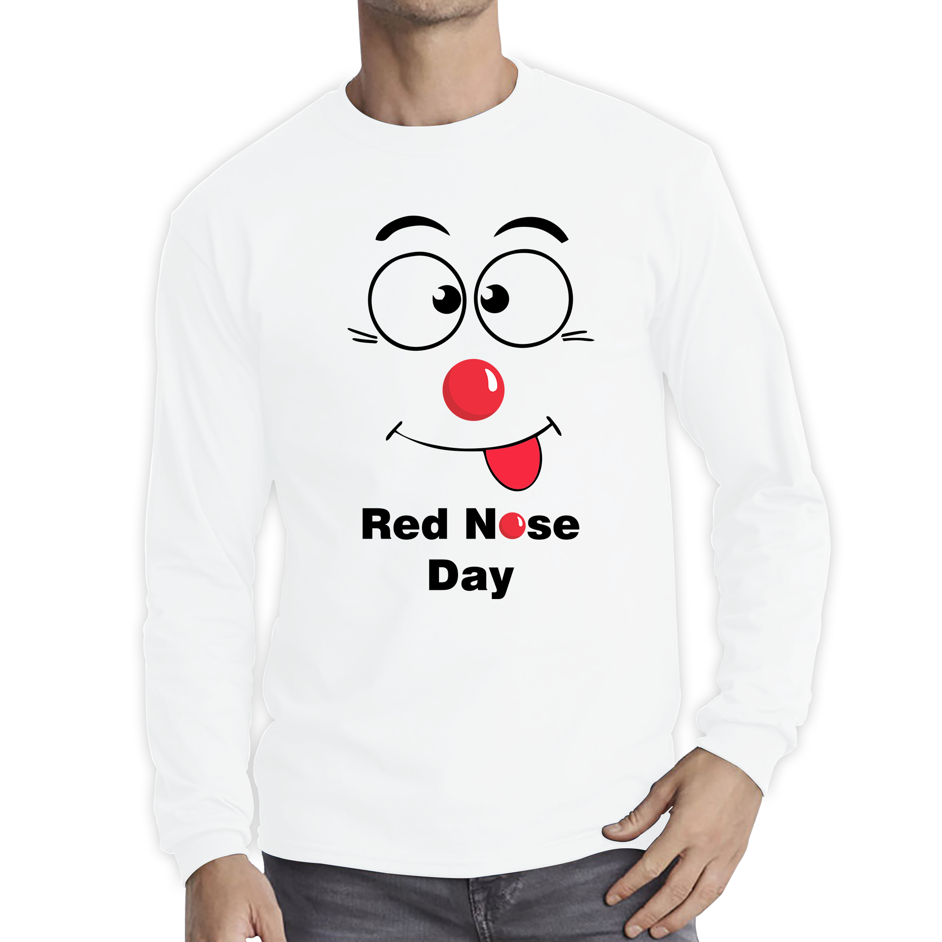 Funny Emoji Face Red Nose Day Adult Long Sleeve T Shirt. 50% Goes To Charity