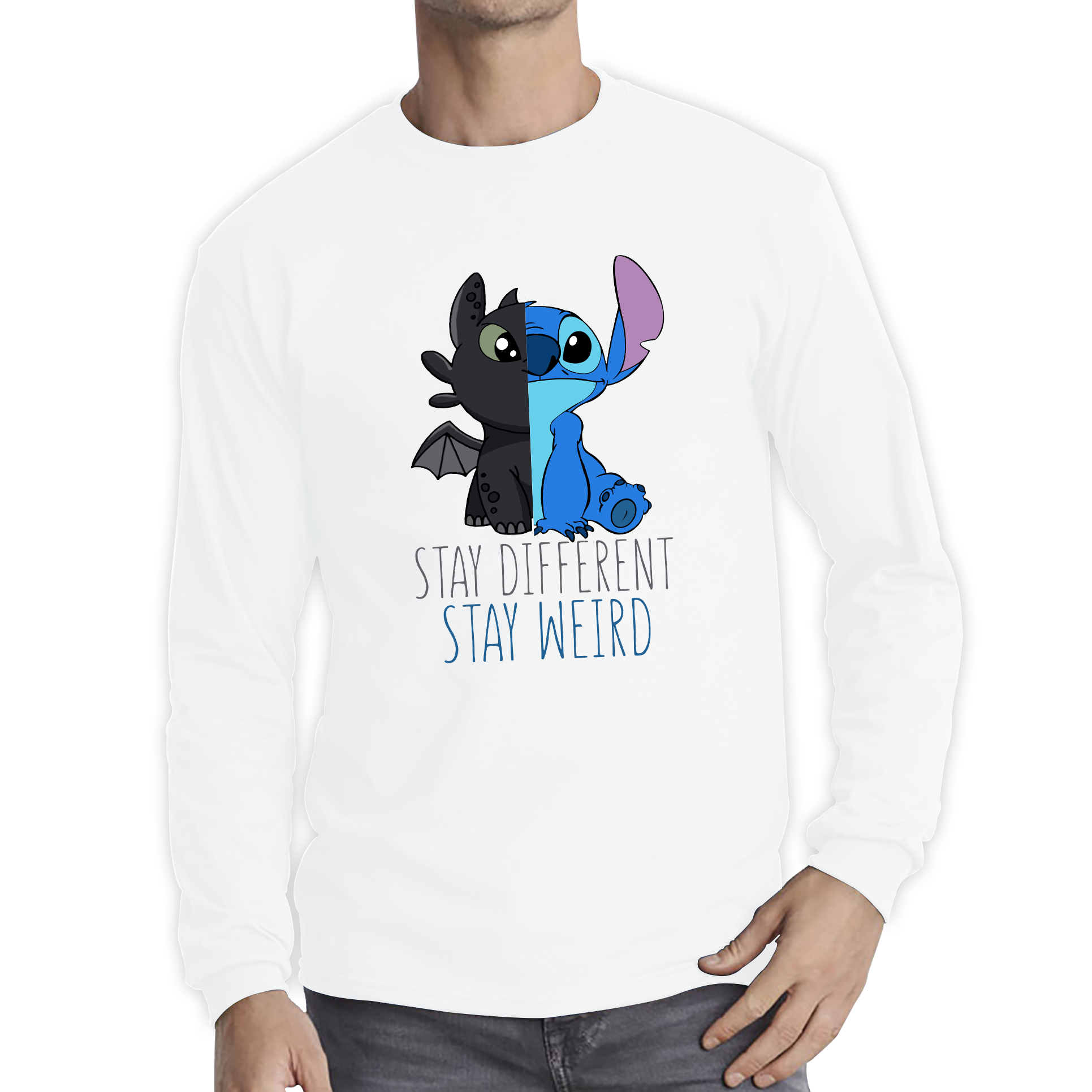 Disney Stitch and Toothless Stay different Stay Weird Adult Long Sleeve T Shirt