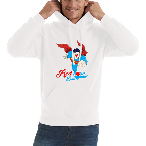 Flying Superman Red Nose Day Comic Superhero Adult Hoodie. 50% Goes To Charity