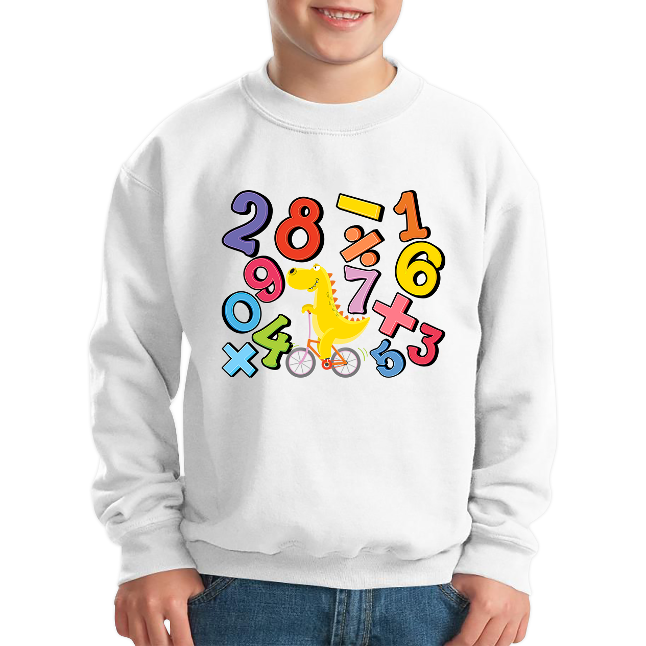 Number Day T-Rex Cycling Maths Day Dinosaur Bike Riding Counting Kids Jumper