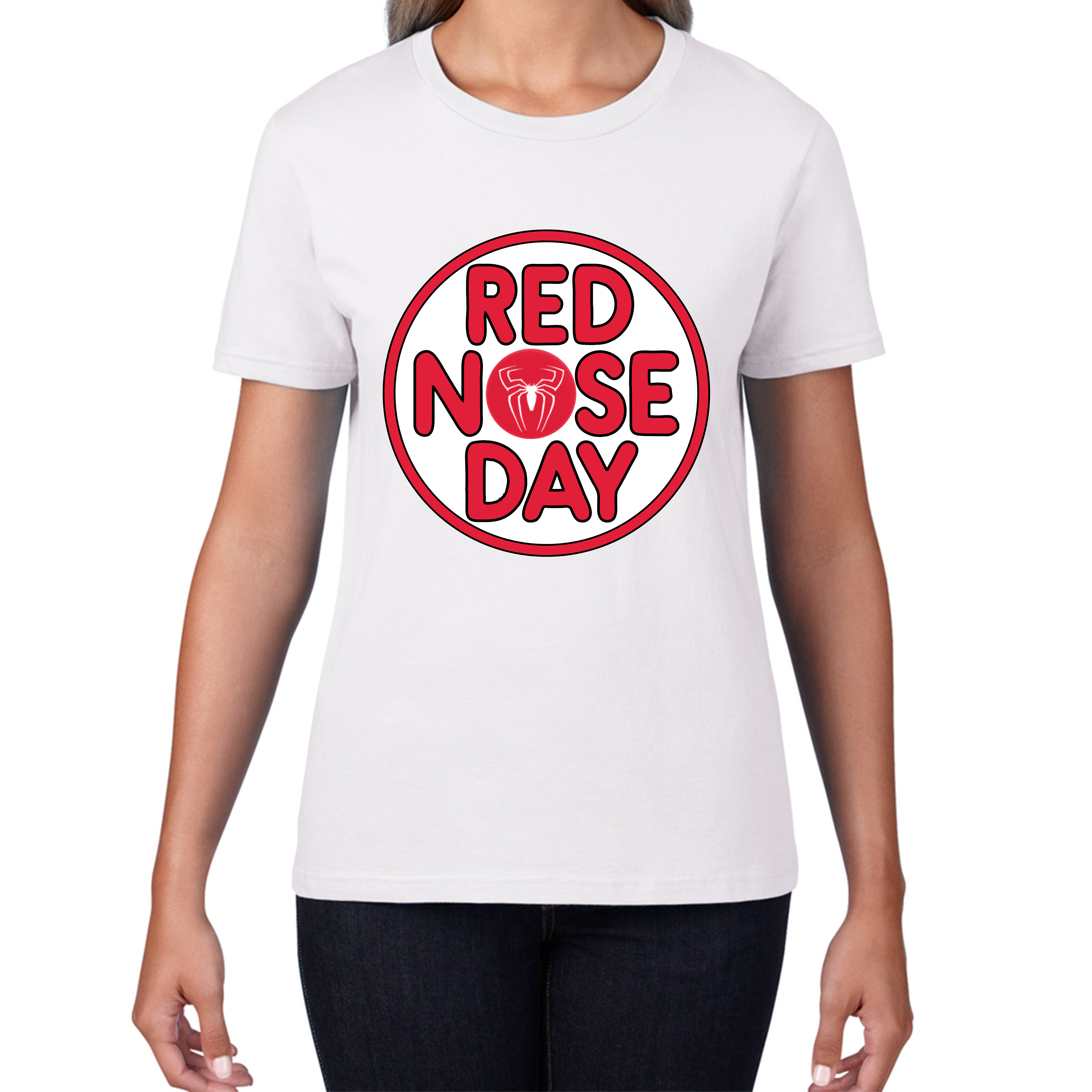 Spider Man Red Nose Day Ladies T Shirt. 50% Goes To Charity