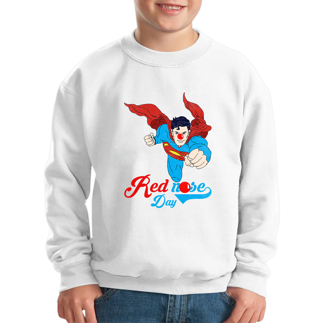Flying Superman Red Nose Day Comic Superhero Kids Sweatshirt. 50% Goes To Charity