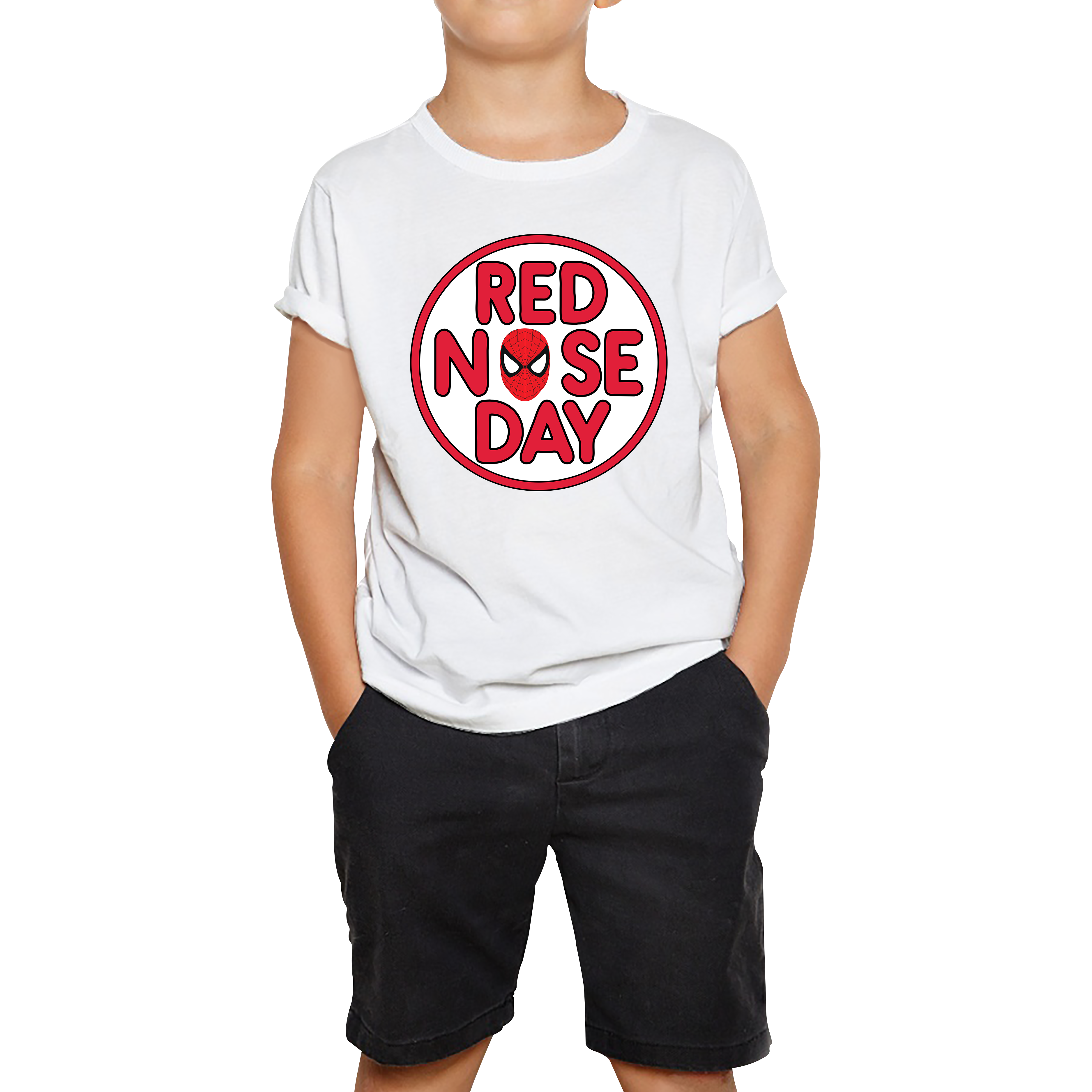 Spiderman Face Red Nose Day Kids T Shirt. 50% Goes To Charity
