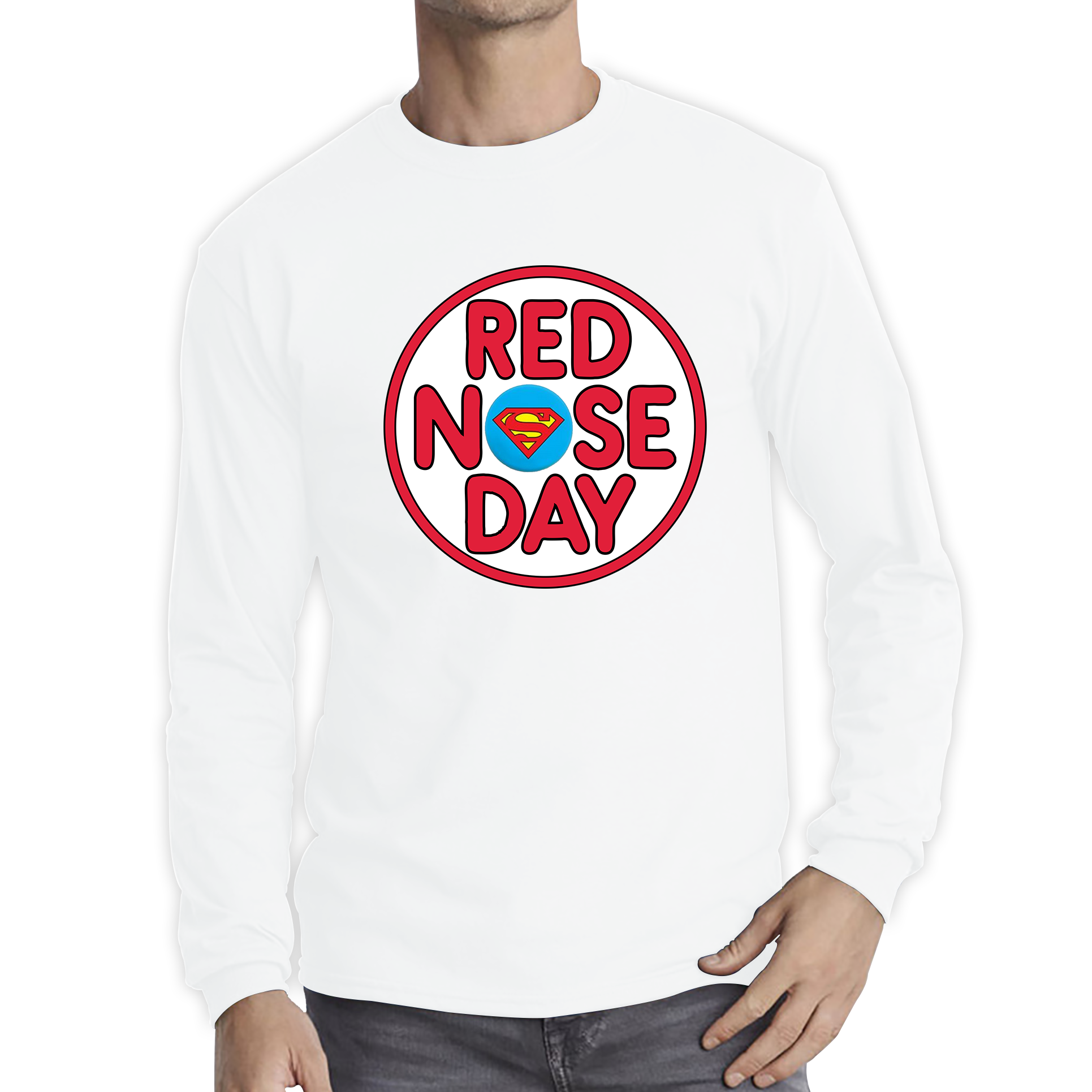 Superman Red Nose Day Adult Long Sleeve T Shirt. 50% Goes To Charity