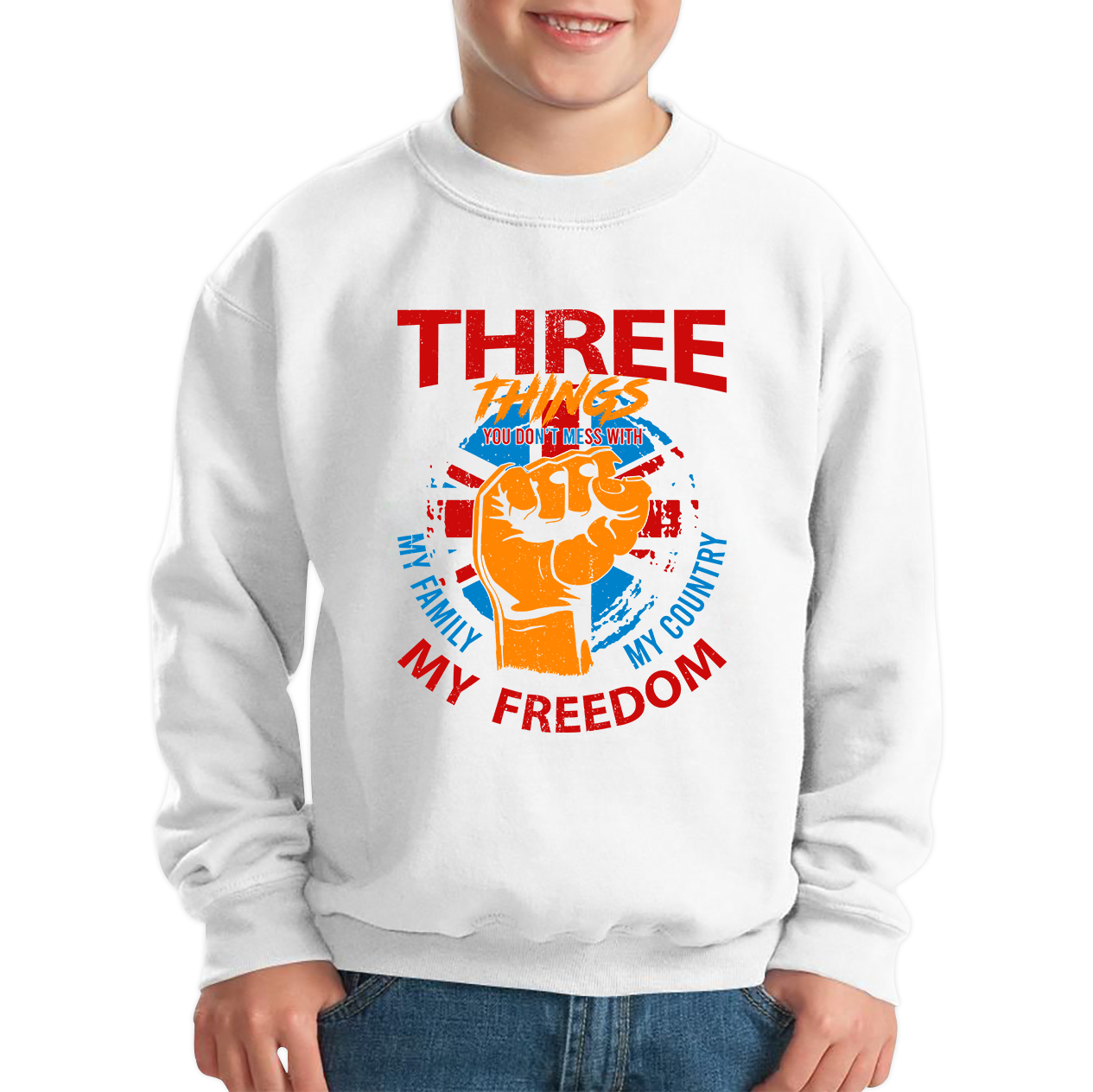 Three Things You Don't Mess With My Family My Country And My Freedom United Kingdom Flag Patriotic Kids Sweatshirt