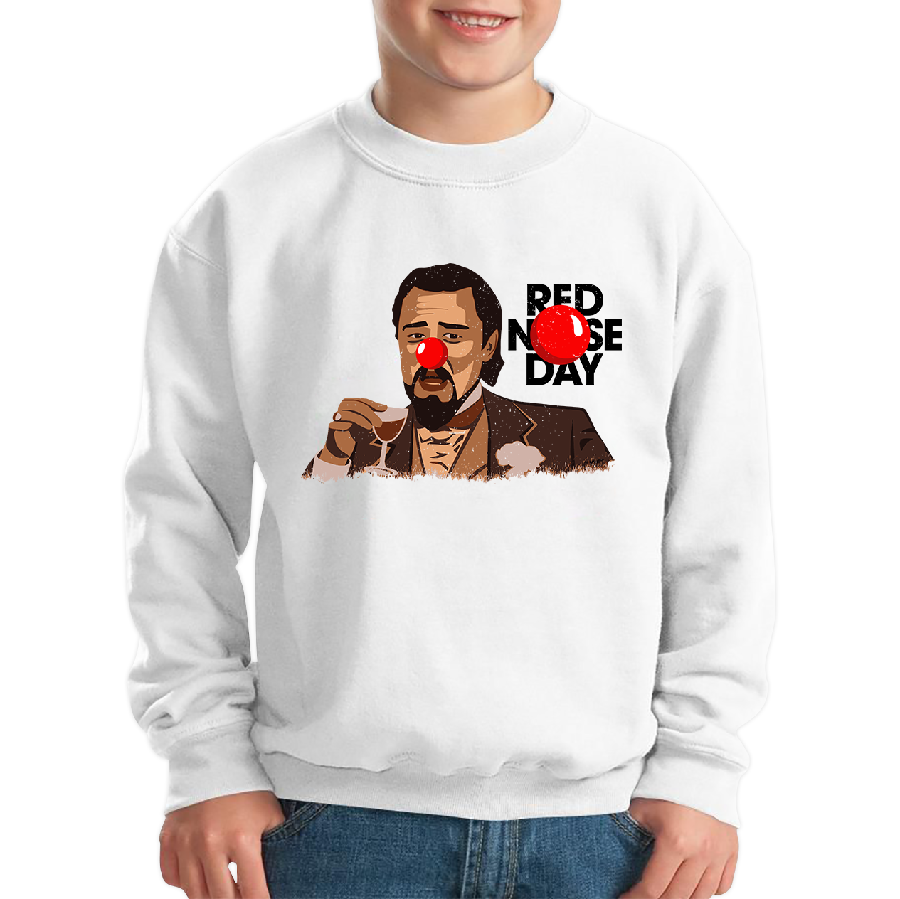 Leonardo Dicaprio Laughing Meme Red Nose Day Kids Sweatshirt. 50% Goes To Charity