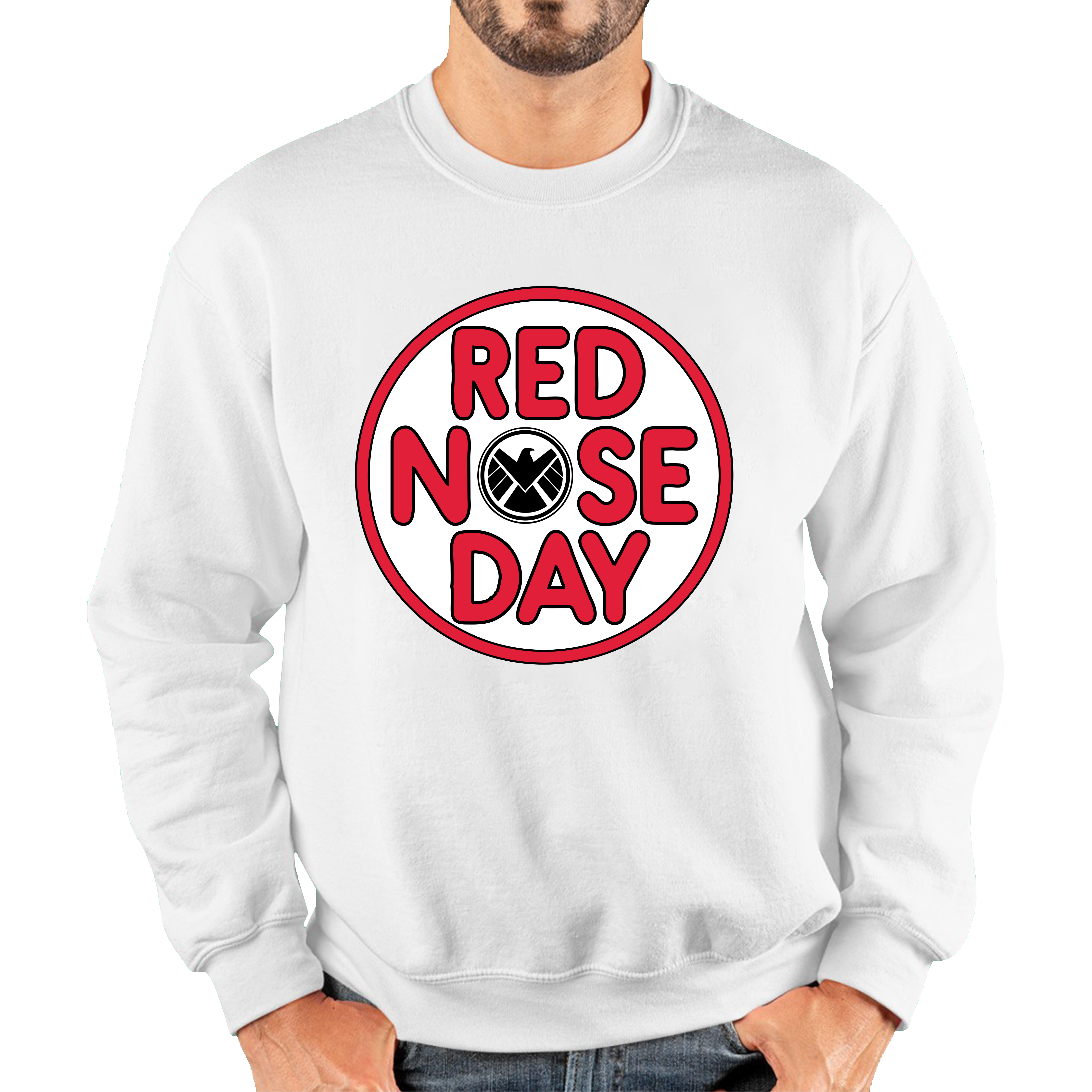 Marvel Shield Red Nose Day Adult Sweatshirt. 50% Goes To Charity