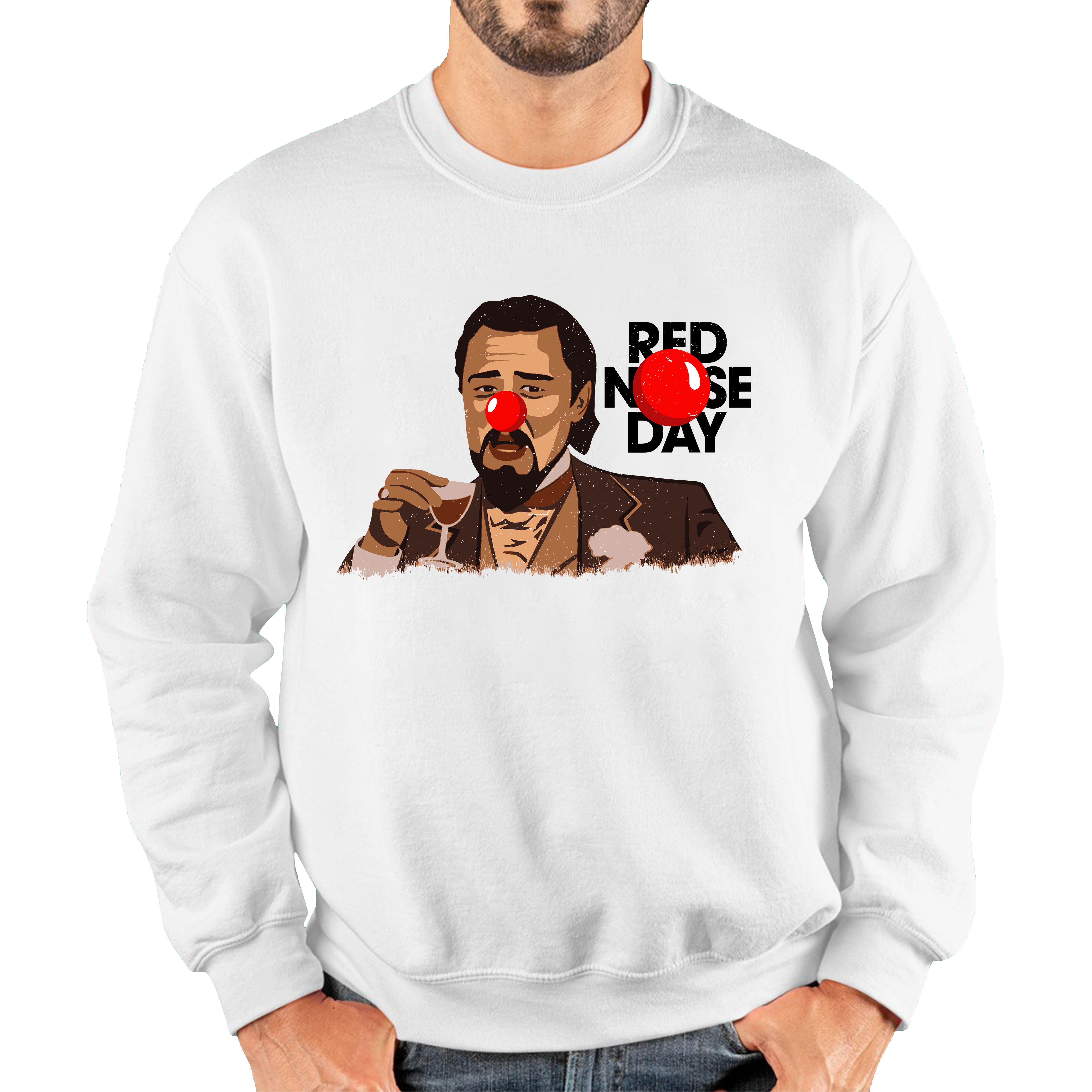 Leonardo Dicaprio Laughing Meme Red Nose Day Adult Sweatshirt. 50% Goes To Charity