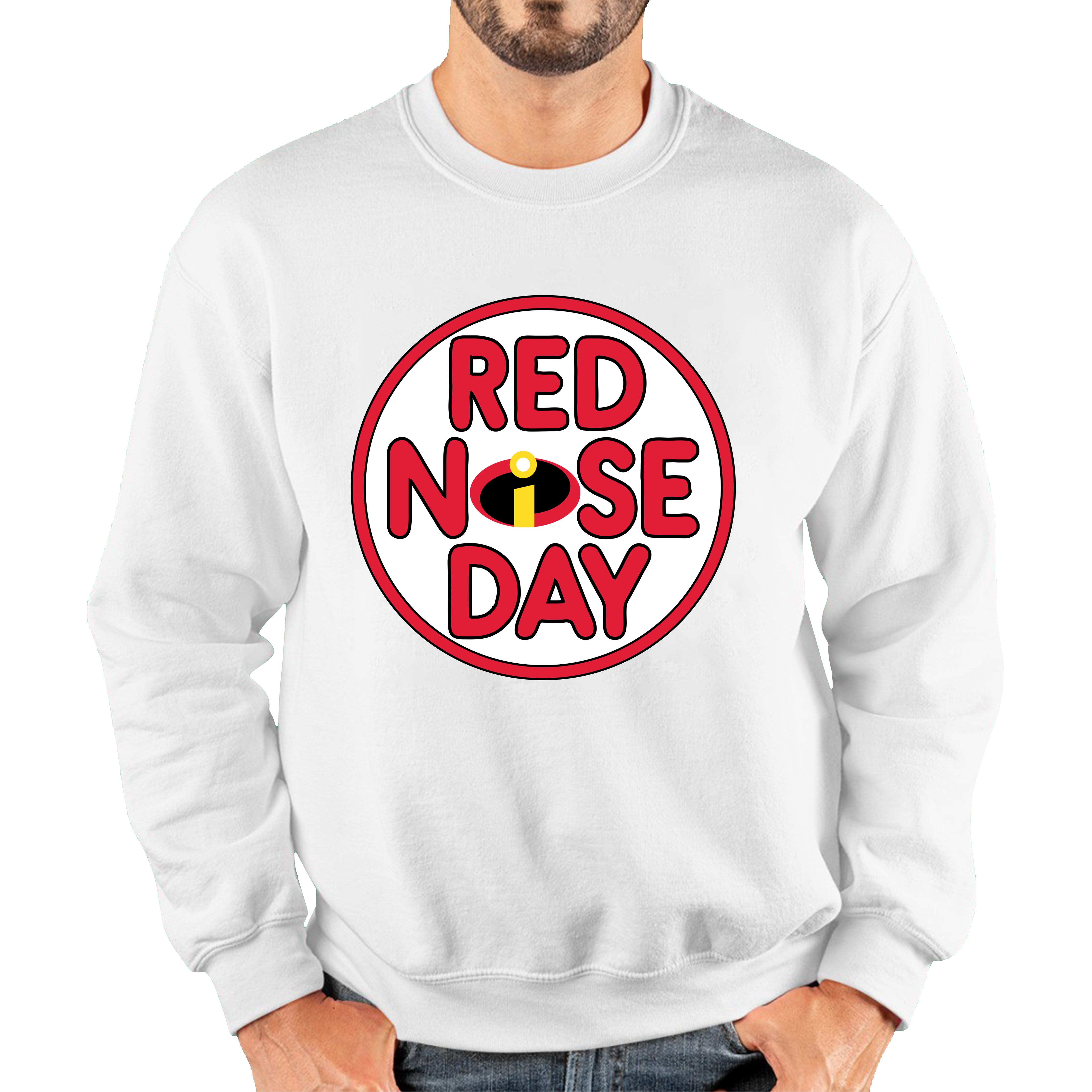 Disney The Incredibles Red Nose Day Adult Sweatshirt. 50% Goes To Charity