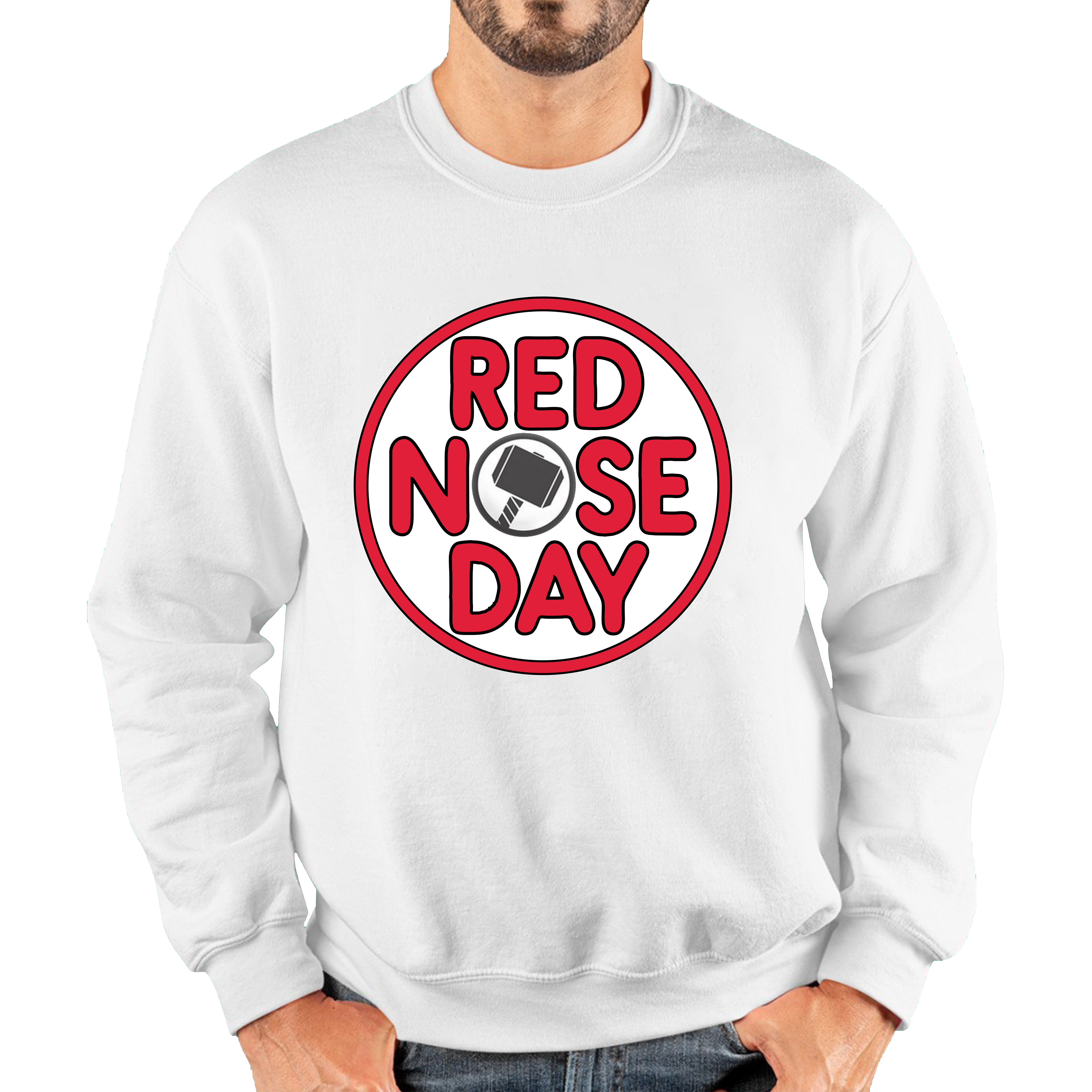 Marvel Avenger Thor Hammer Red Nose Day Adult Sweatshirt. 50% Goes To Charity