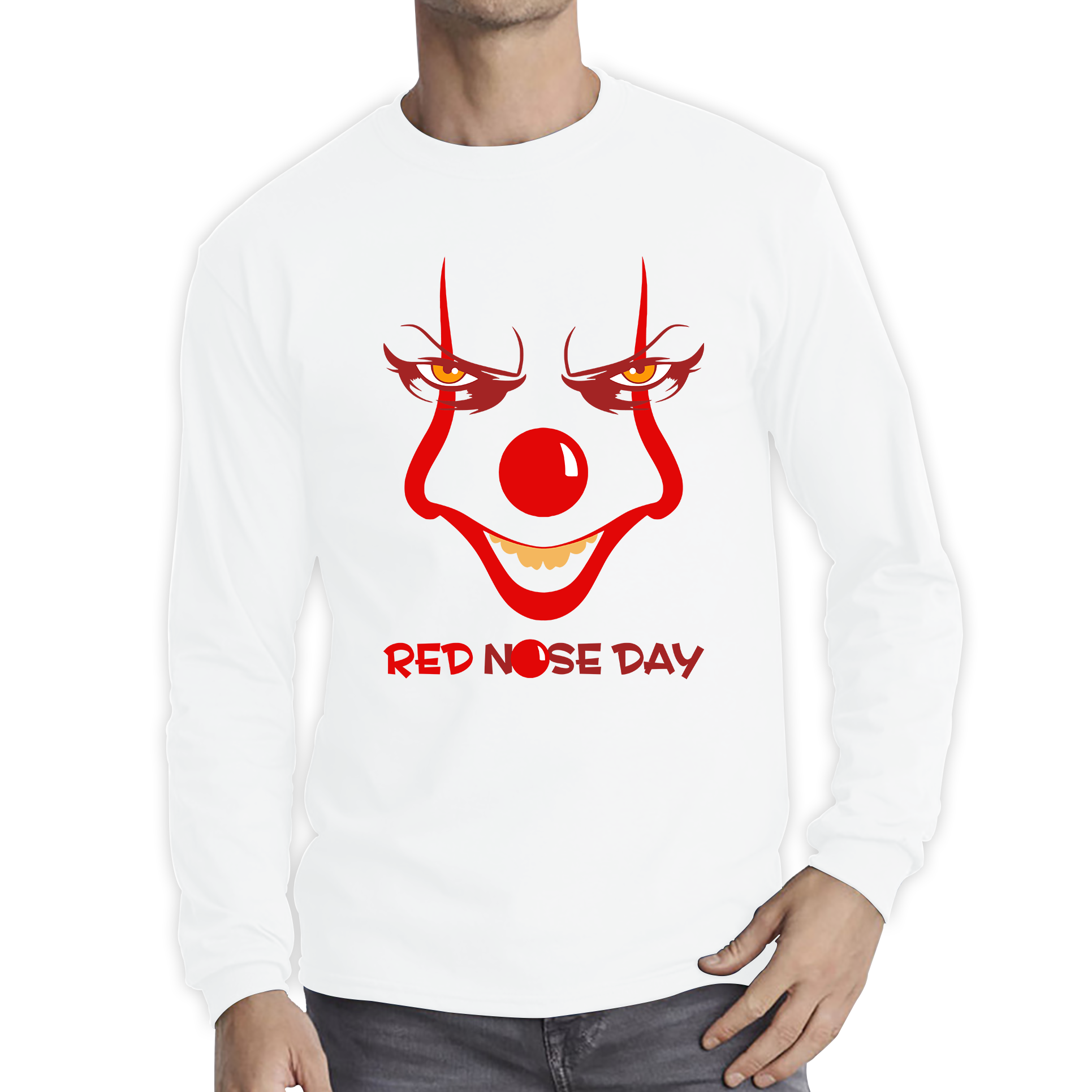 Pennywise Clown Face Red Nose Day Funny Comic Relief Adult Long Sleeve T Shirt. 50% Goes To Charity