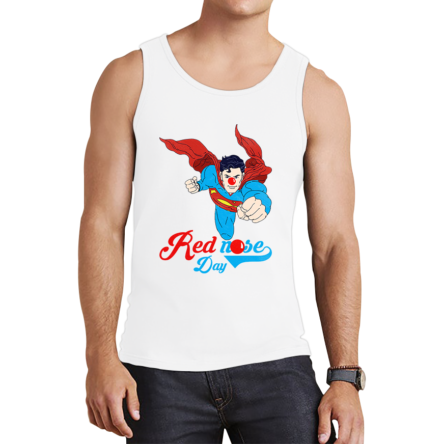 Flying Superman Red Nose Day Comic Superhero Tank Top. 50% Goes To Charity
