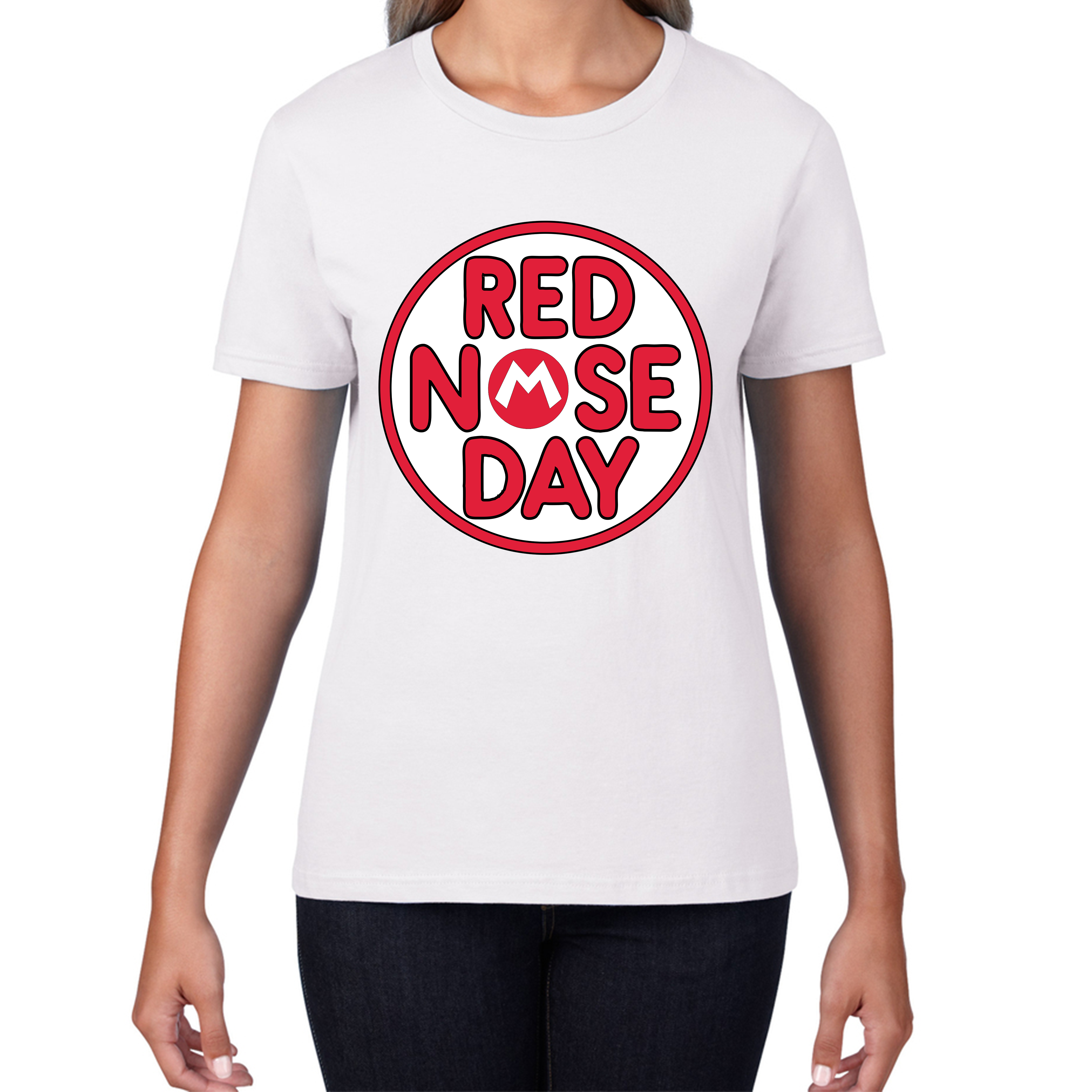 Super Mario Red Nose Day Ladies T Shirt. 50% Goes To Charity