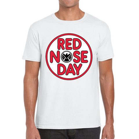 Marvel Shield Red Nose Day Adult T Shirt. 50% Goes To Charity